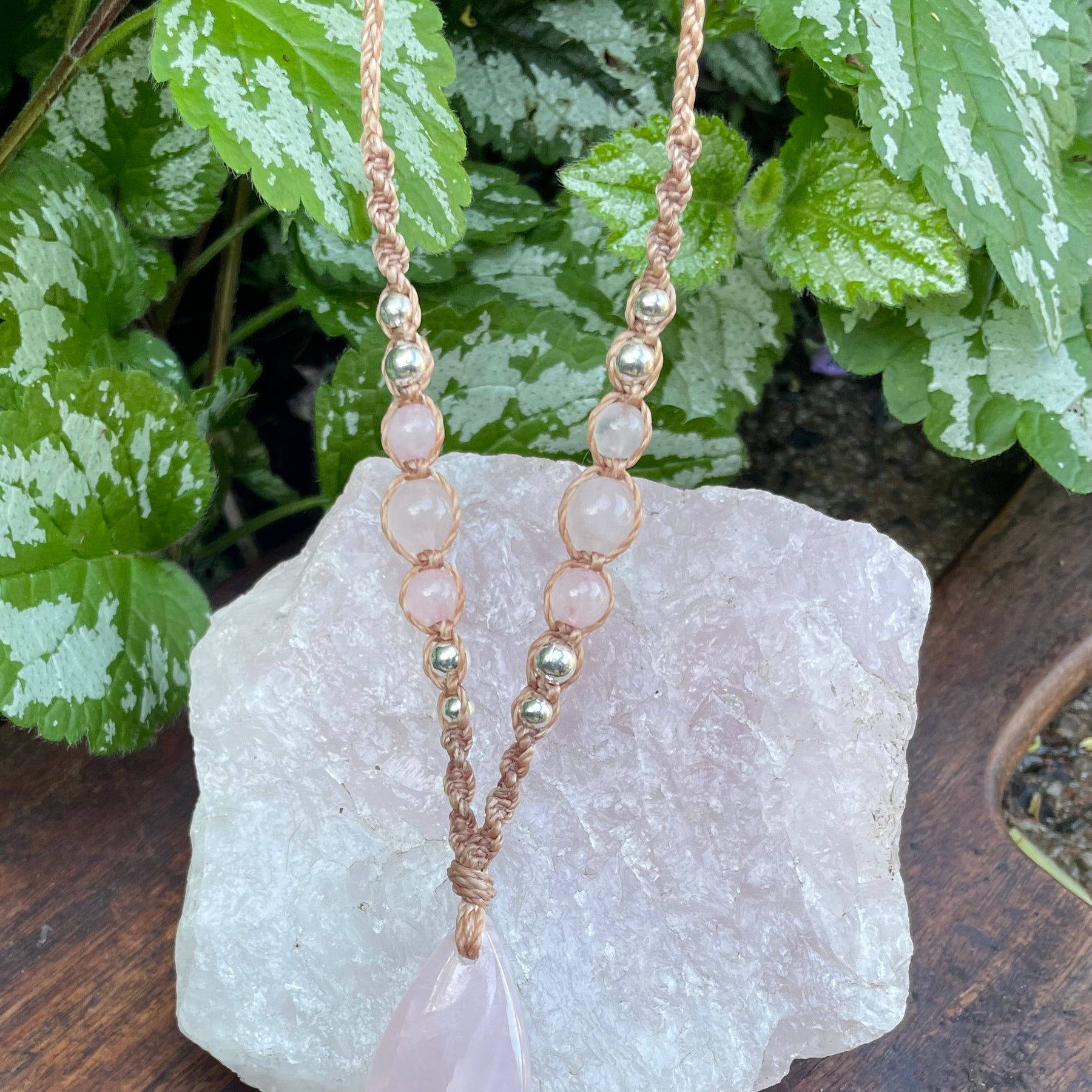 Rose Quartz Pendant, macrame necklace boho