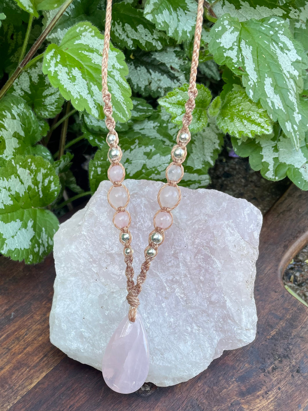 Rose Quartz Pendant, macrame necklace boho