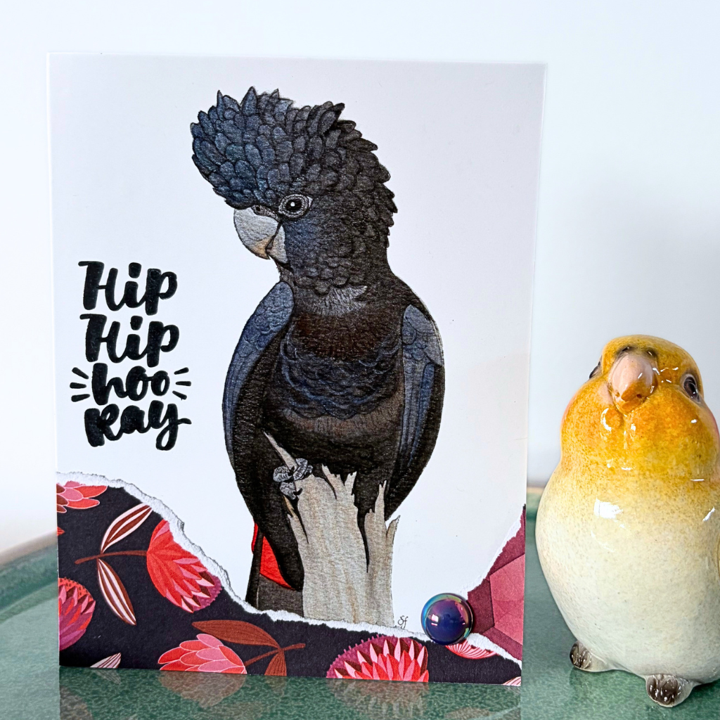 Black cockatoo "Hip hip hooray" card