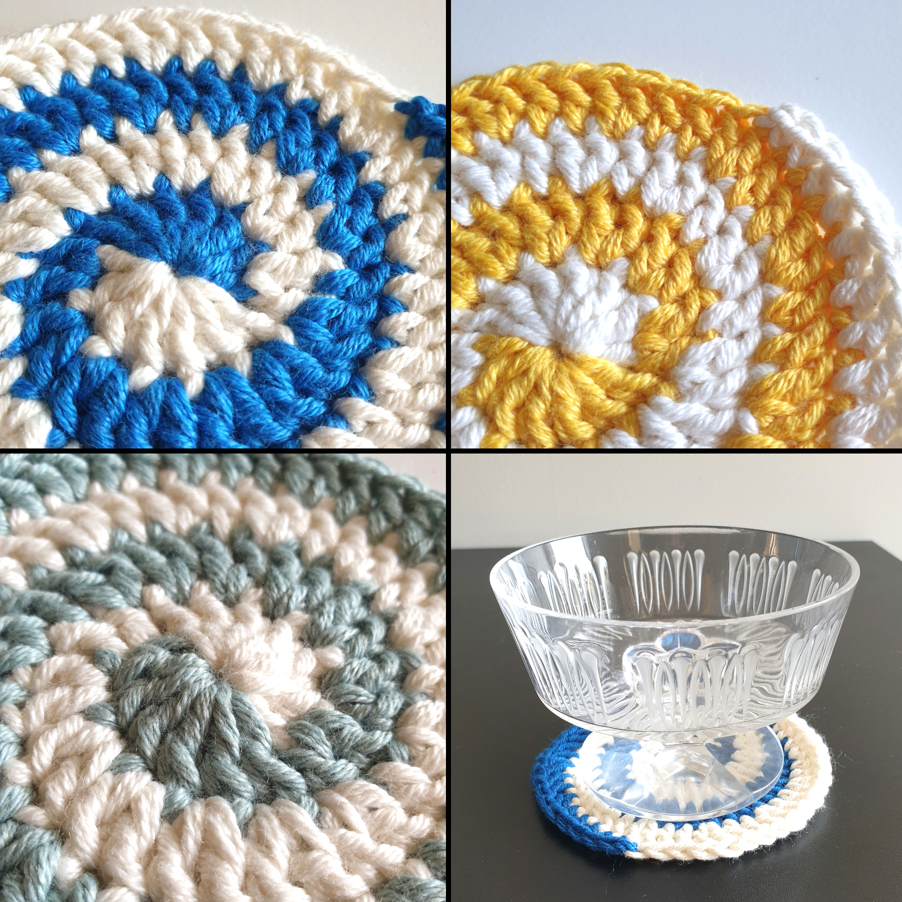 Hand Crochet Colourful Thick Square Coaster : Two Sided ,  Double Sided