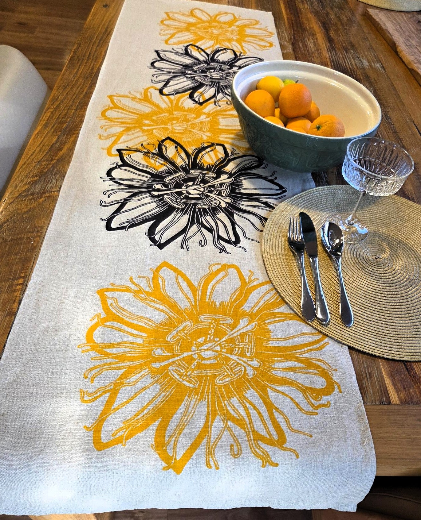 Hand Screenprinted Linen Table Runners- Passionflower