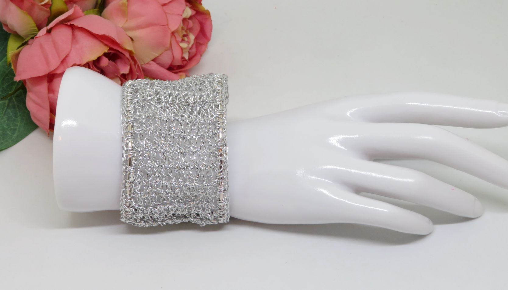 Bespoke Handmade Silver Crochet Shimmer Thread Cuff Bracelet