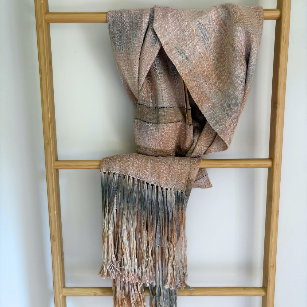 ladder-closeup-draped-silk-scarf-shawl-handwoven-entangledhappiness-handwoven-cream-dusky-pink