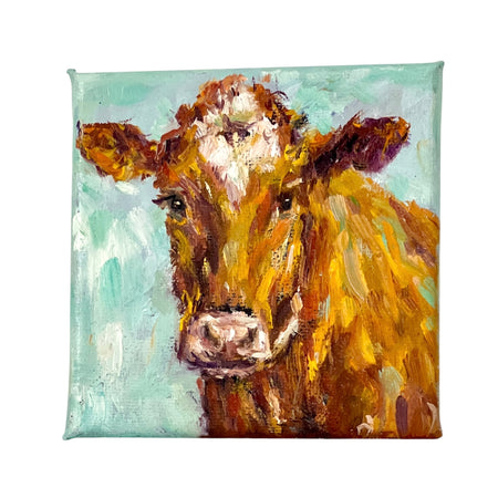 Original Brown Cow Mini Oil Painting