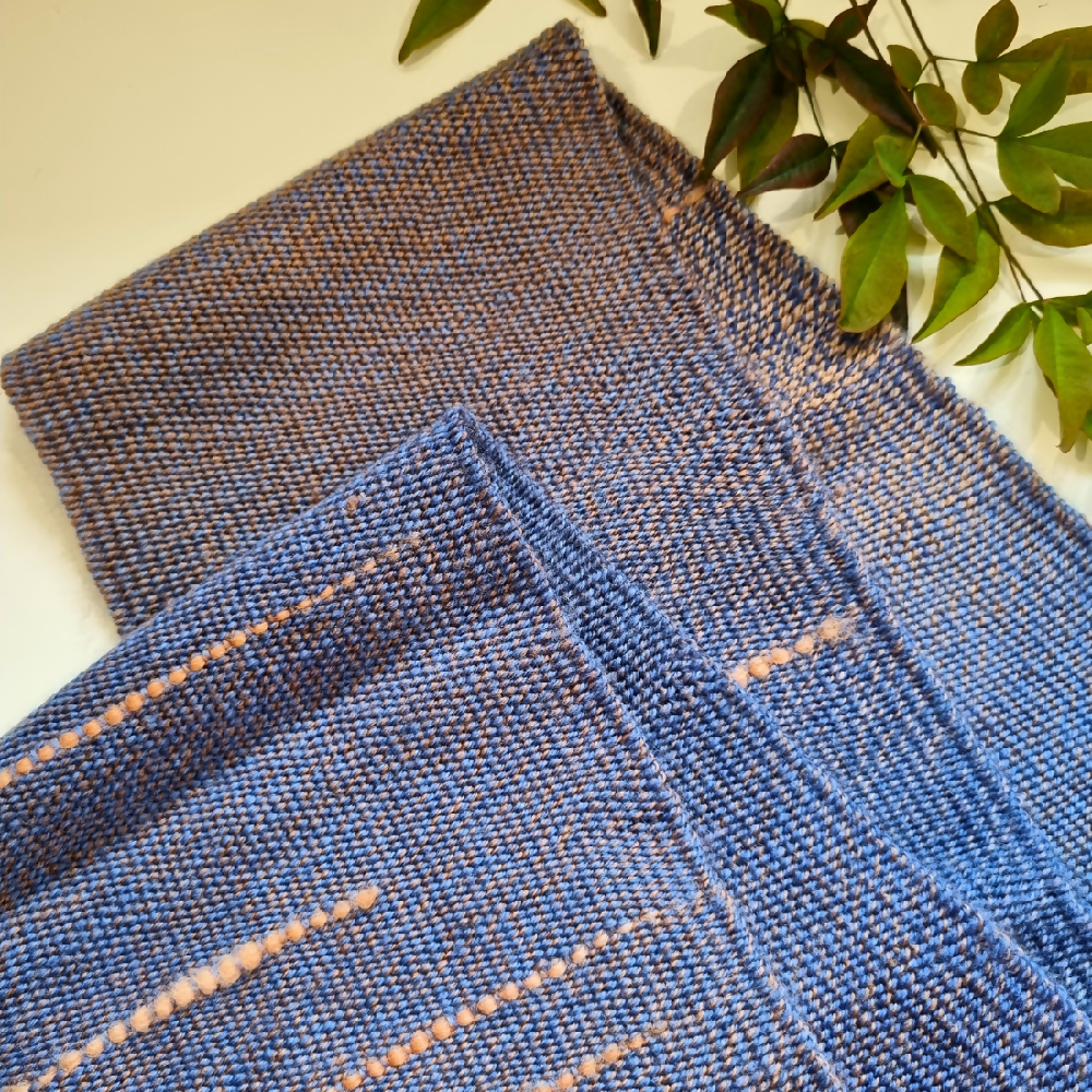 australian-artist-handmade-handwoven-blue-peach-wool-scarf-8