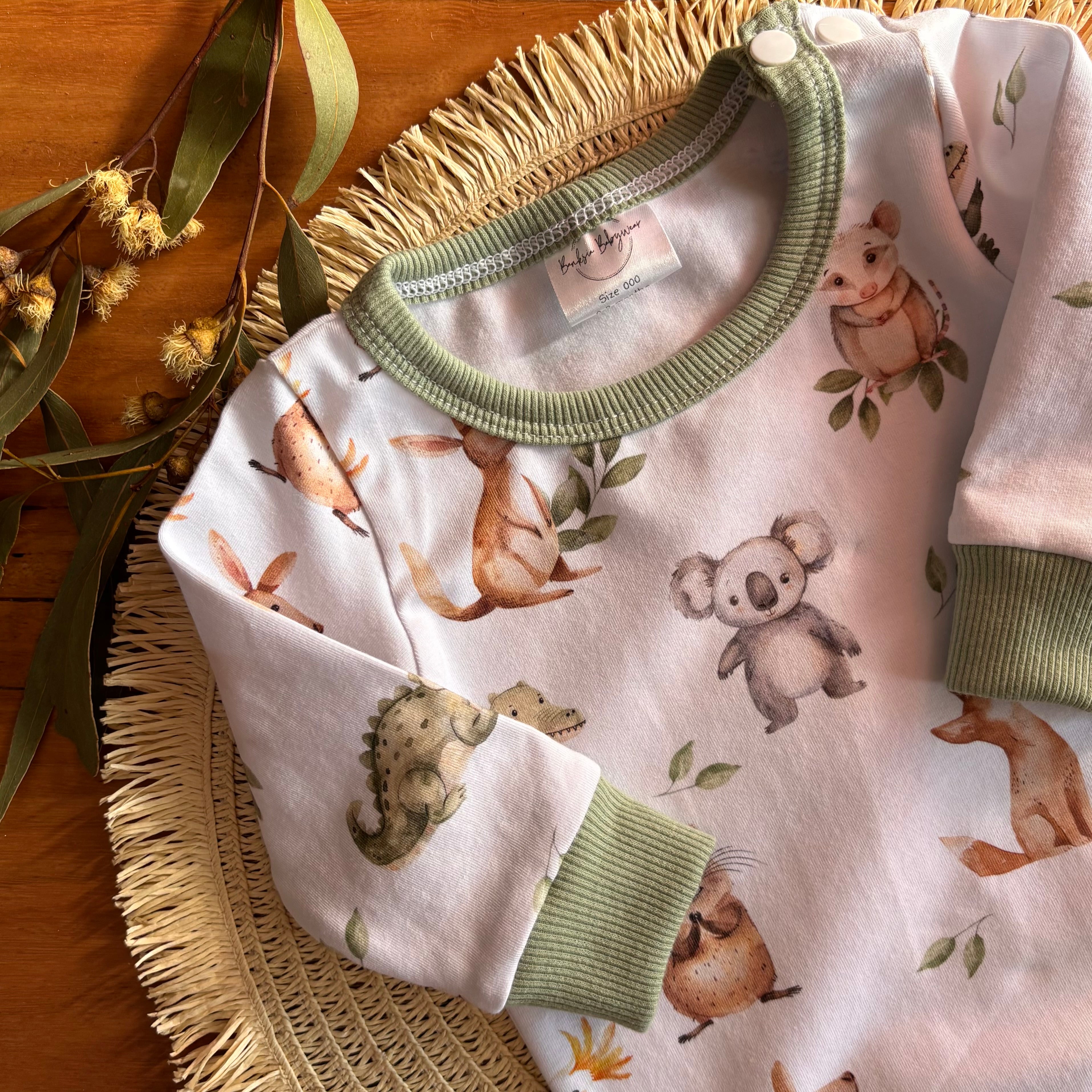 Baby Bodysuit and Pants Set | Green Aussie Animals | Size premmie to 2 | Made to order