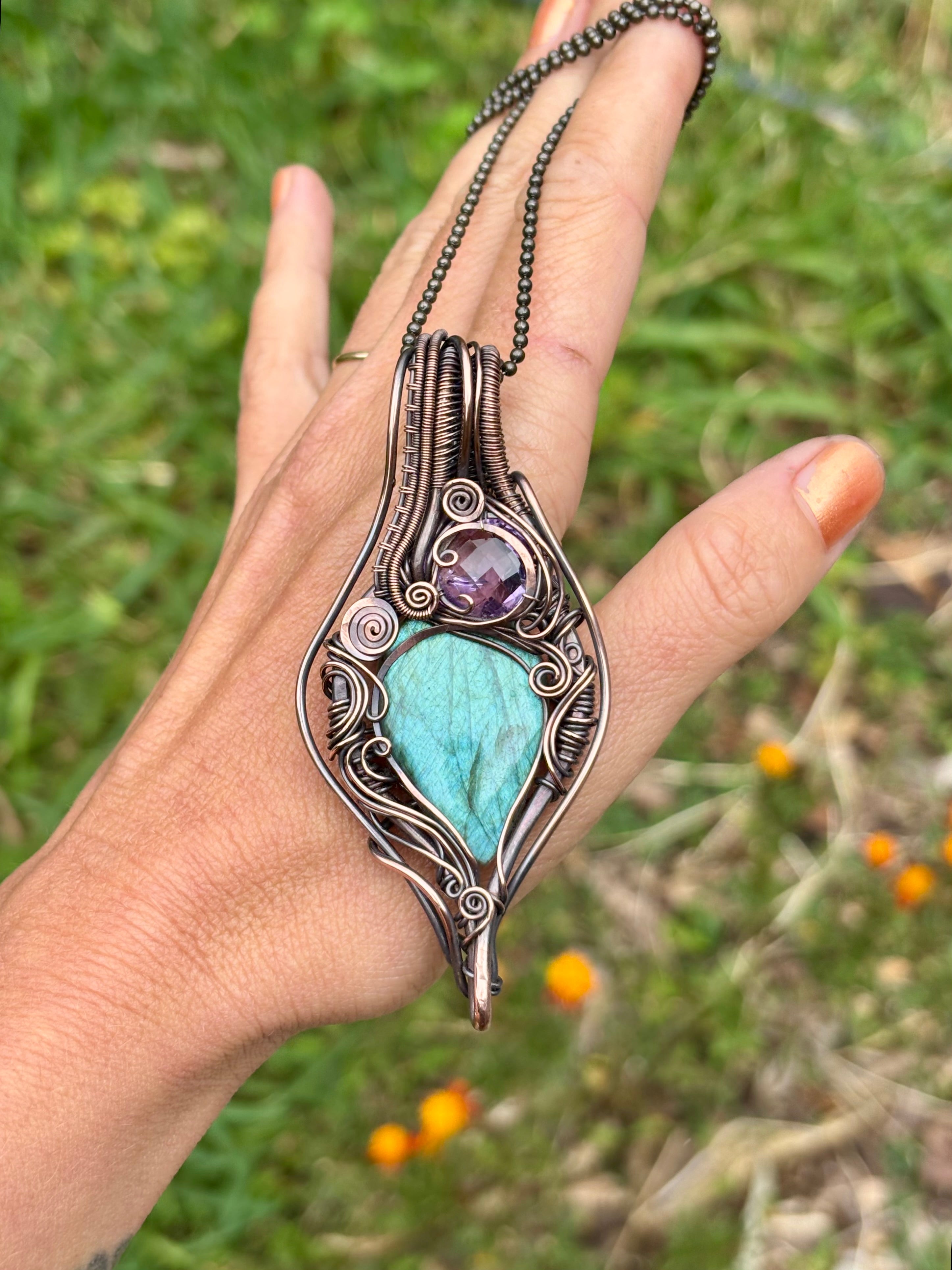 Labradorite, Amethyst copper wire wrap