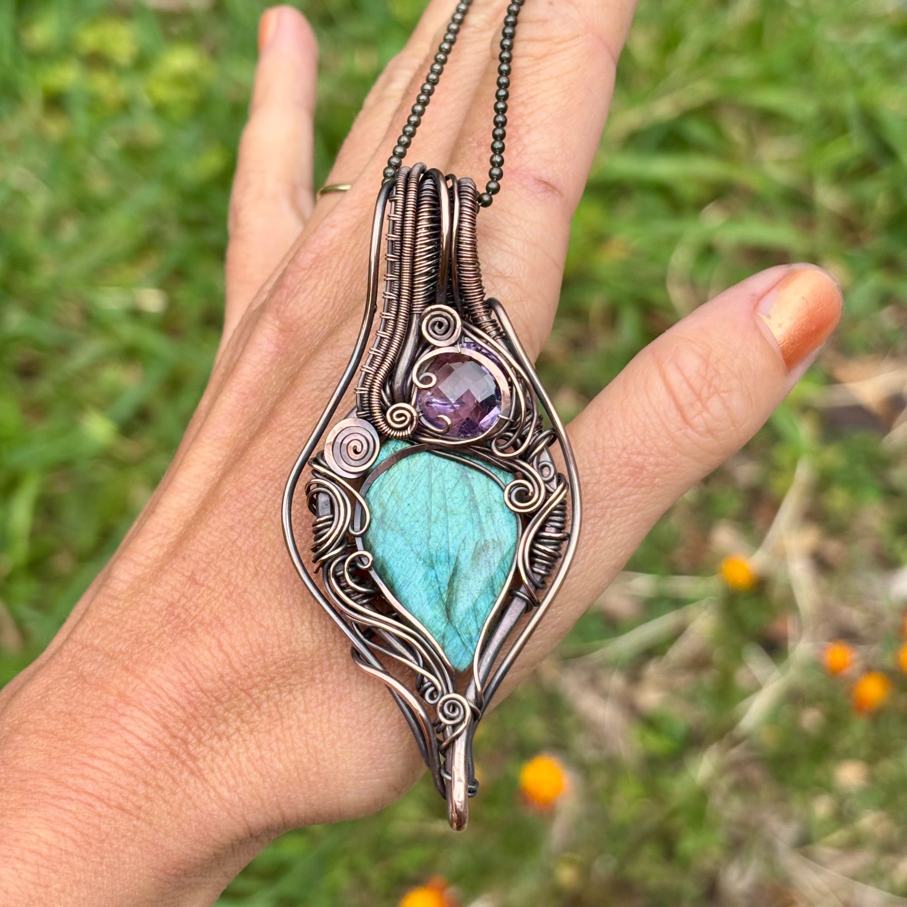 Labradorite, Amethyst copper wire wrap