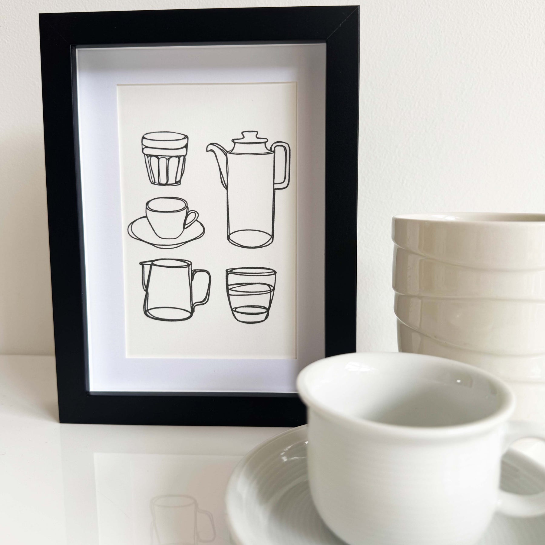 Modern Mini Print: Coffee Corner Line Drawing, black frame with inset included (13 x 18cm)