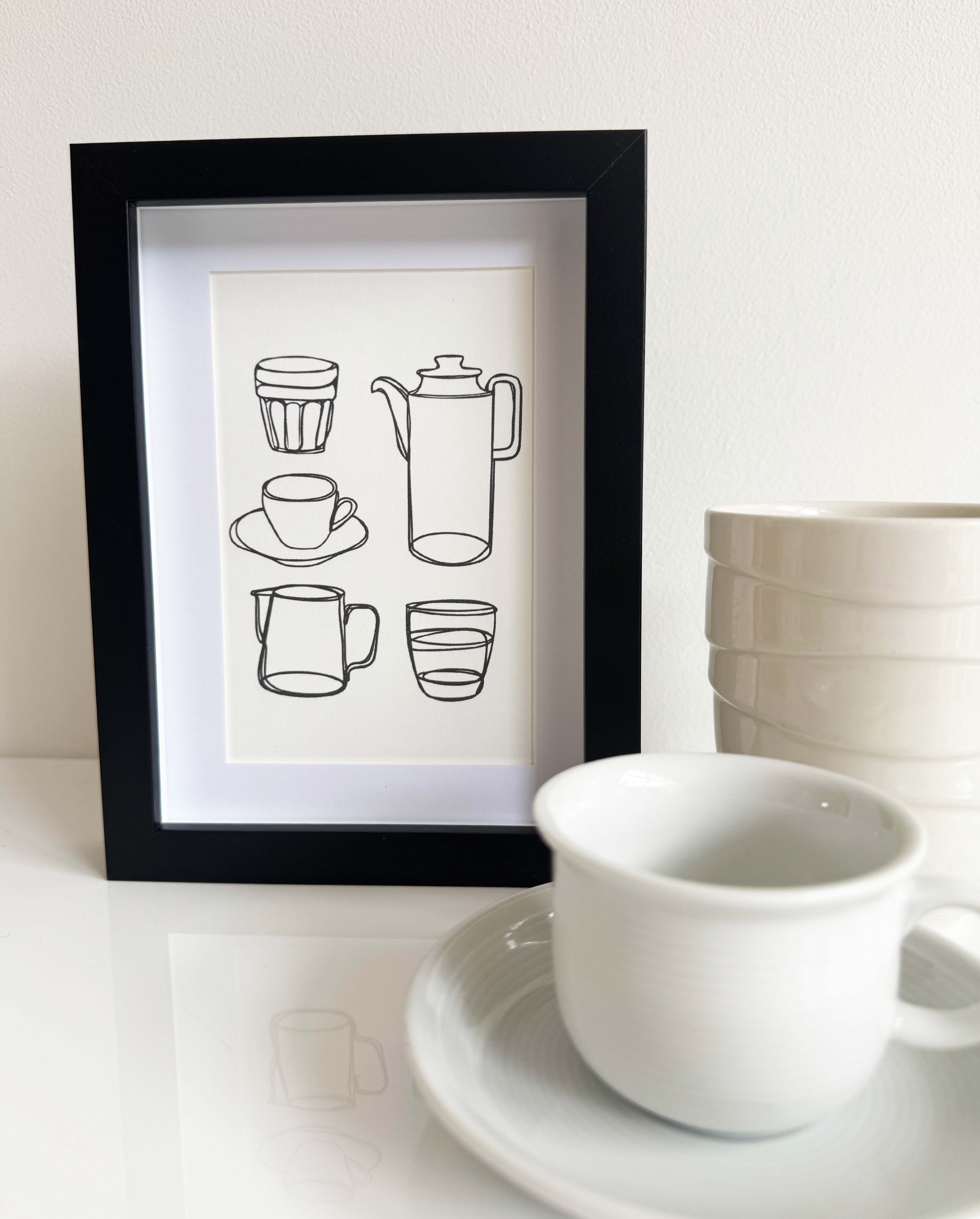 Modern Mini Print: Coffee Corner Line Drawing, black frame with inset included (13 x 18cm)