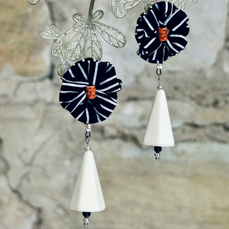 Earrings Black White Textile & Vintage Beads - EBW-113