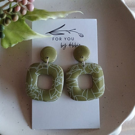 Silkscreen painted olive green earrings