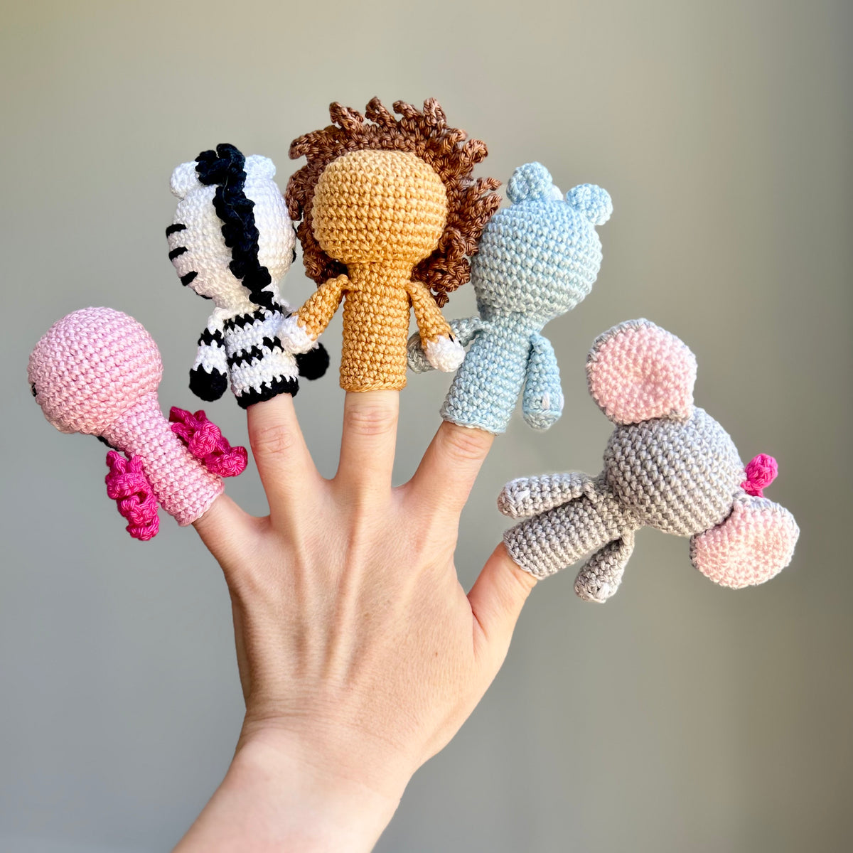 Crochet Safari Animal Finger Puppet Set | Made to Order
