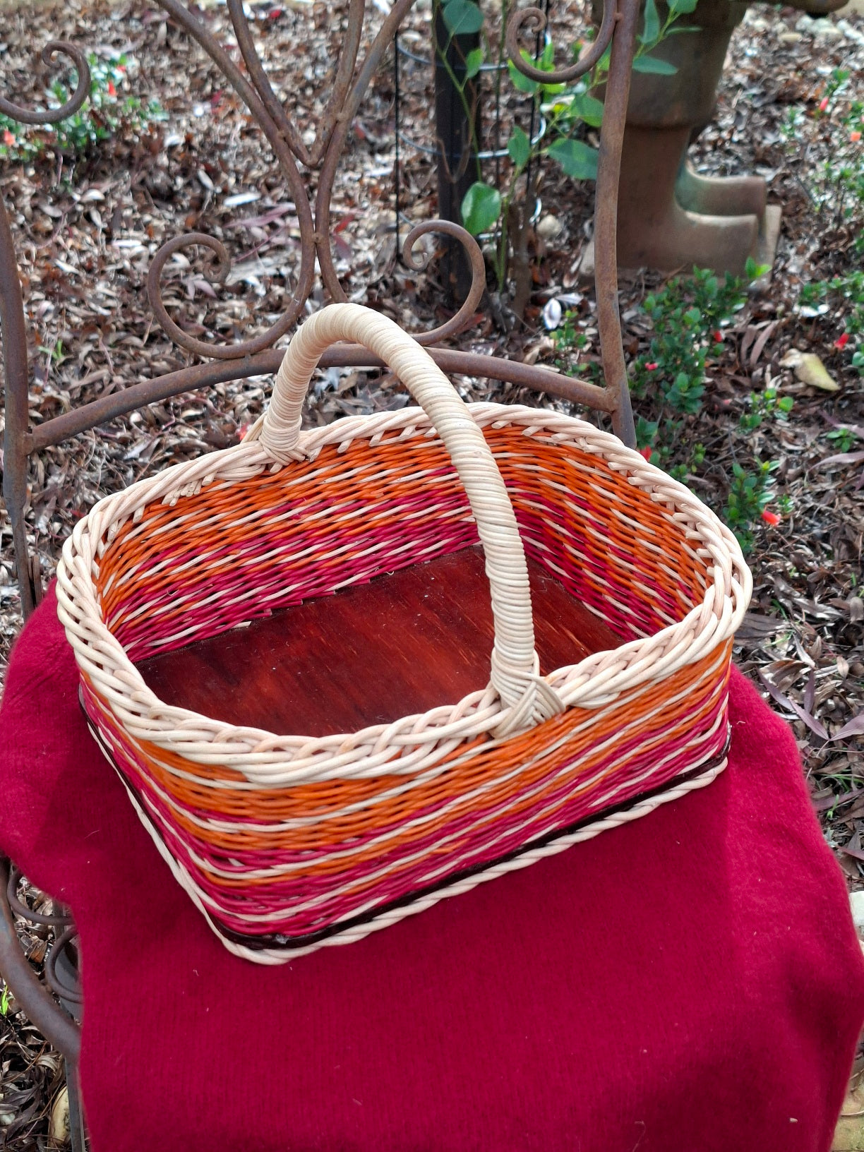 Large Rectangular basket  red,orange and natural wicker.