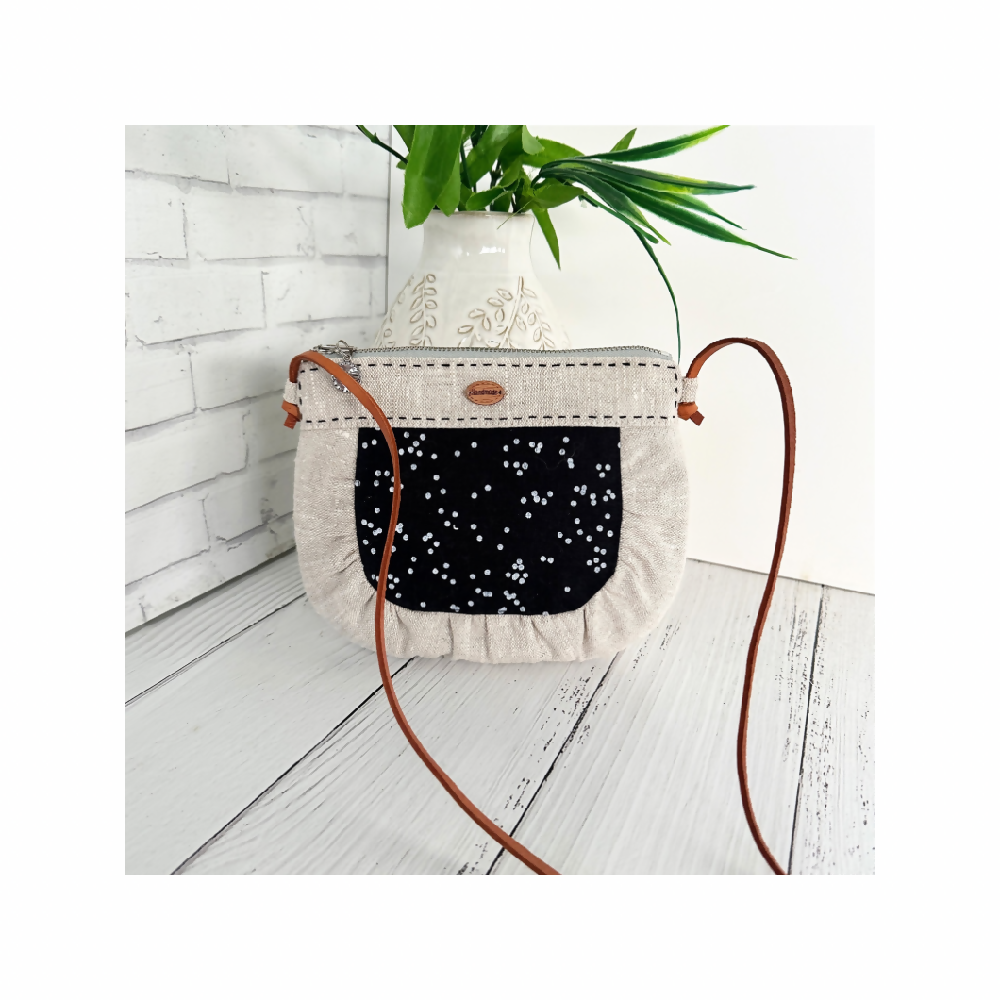 Sweet Linen Crossbody Bag - Black w/ White Dots