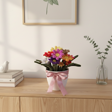 Pipe Cleaner Flower Bouquet in Plastic pot - Everlasting Chenille Daisy Arrangement