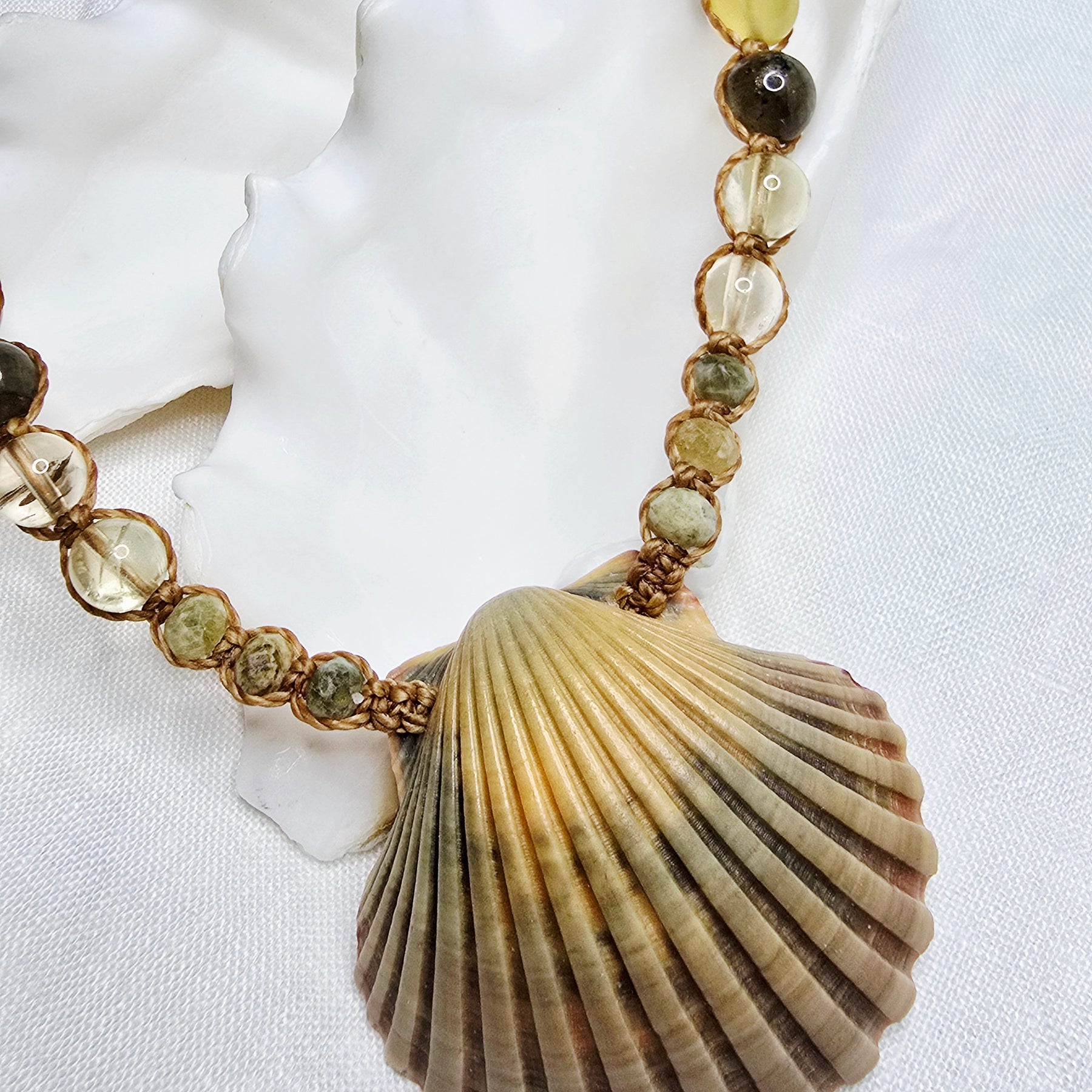Scallop Shell Necklace with Labradorite and Yellow Opal