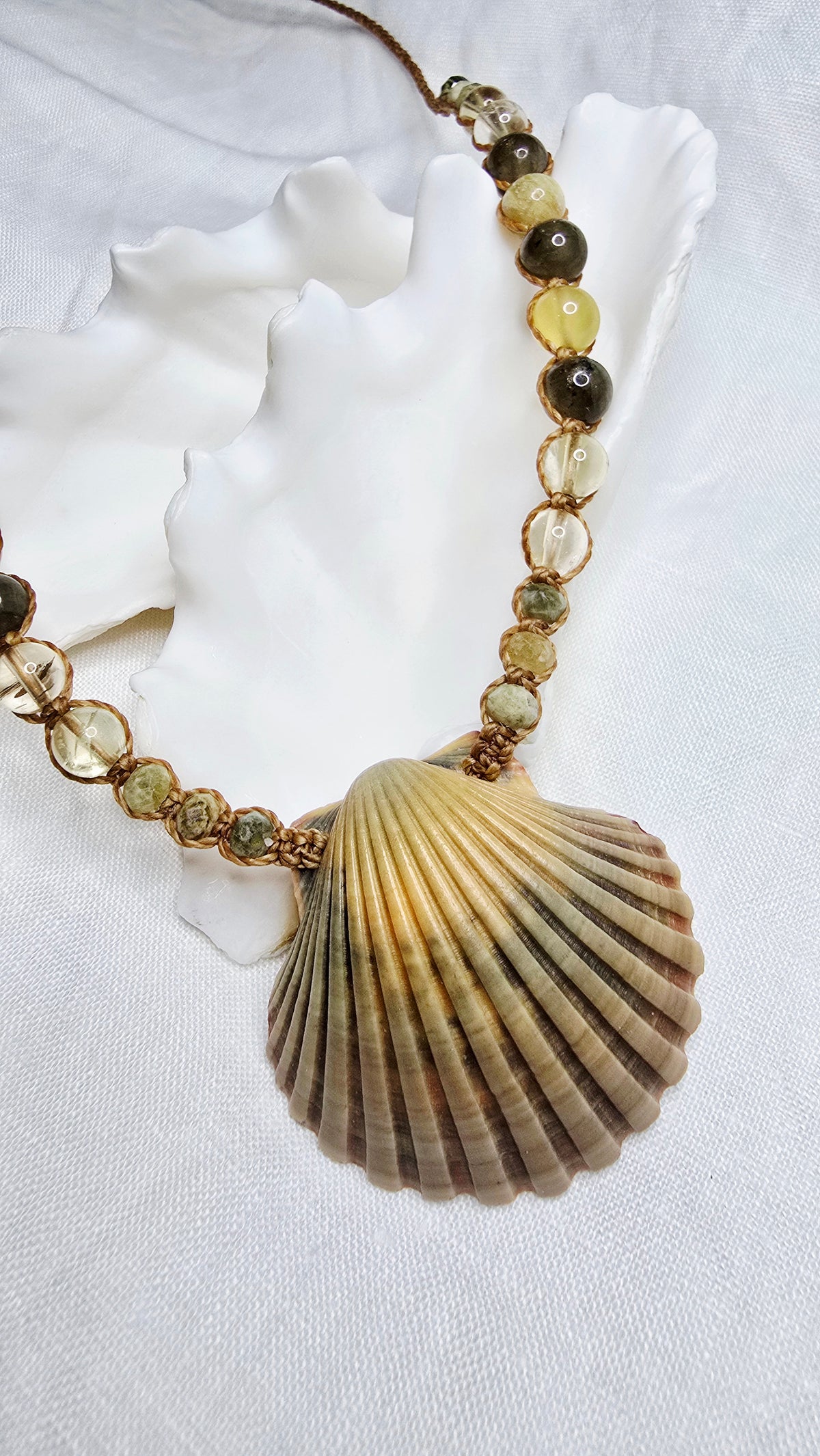 Scallop Shell Necklace with Labradorite and Yellow Opal