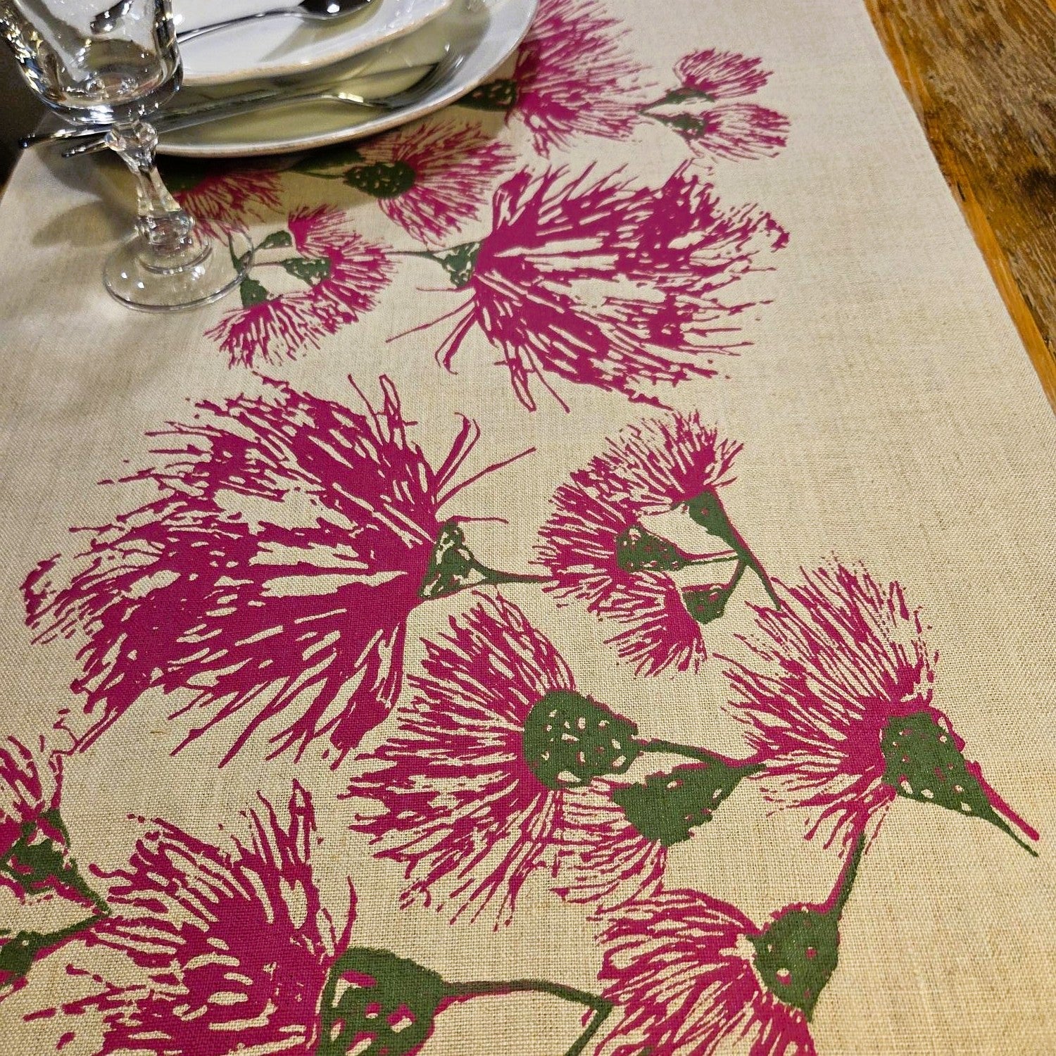 Hand Screen Printed Linen Table Runners-Eucalypt Festive Blossoms