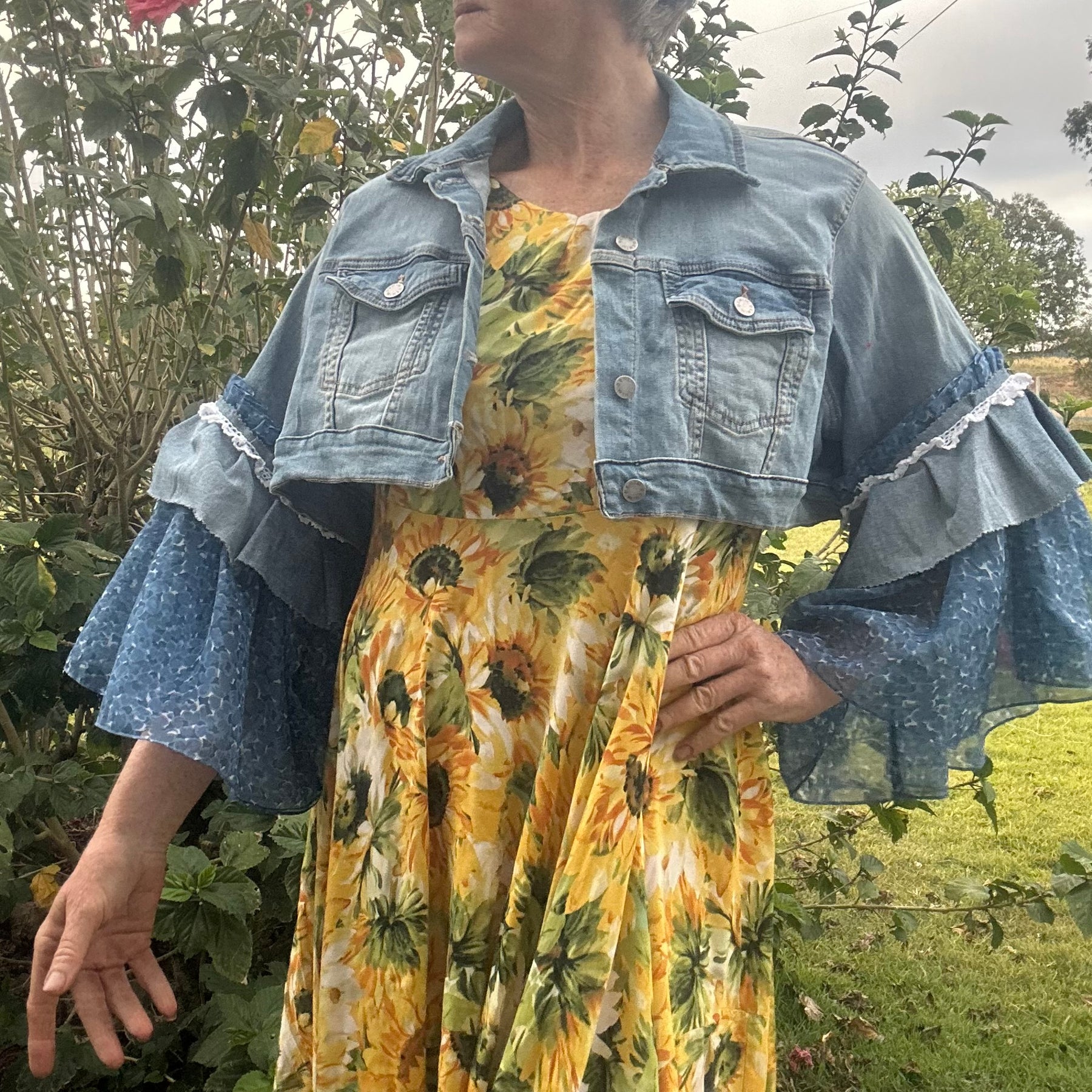 Upcycled Denim Jacket Full Chiffon Sleeves