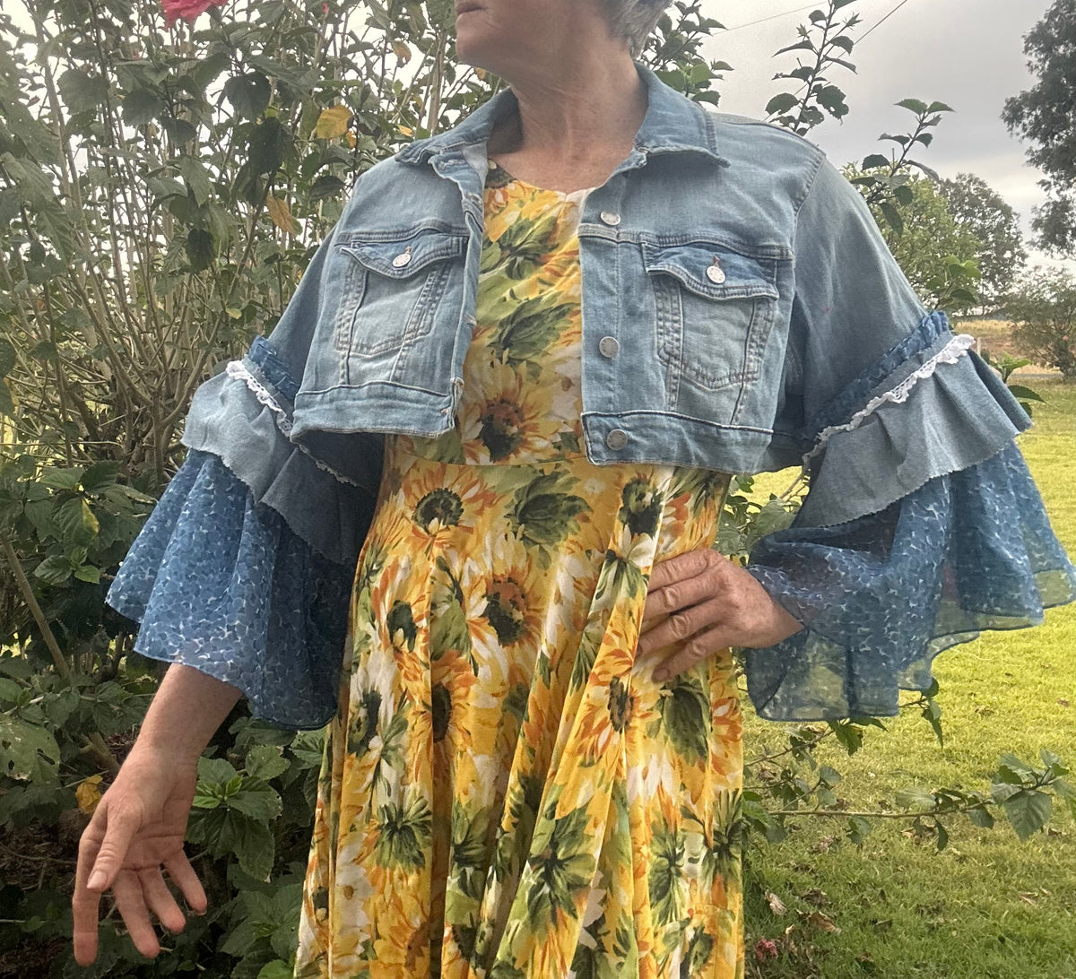 Upcycled Denim Jacket Full Chiffon Sleeves