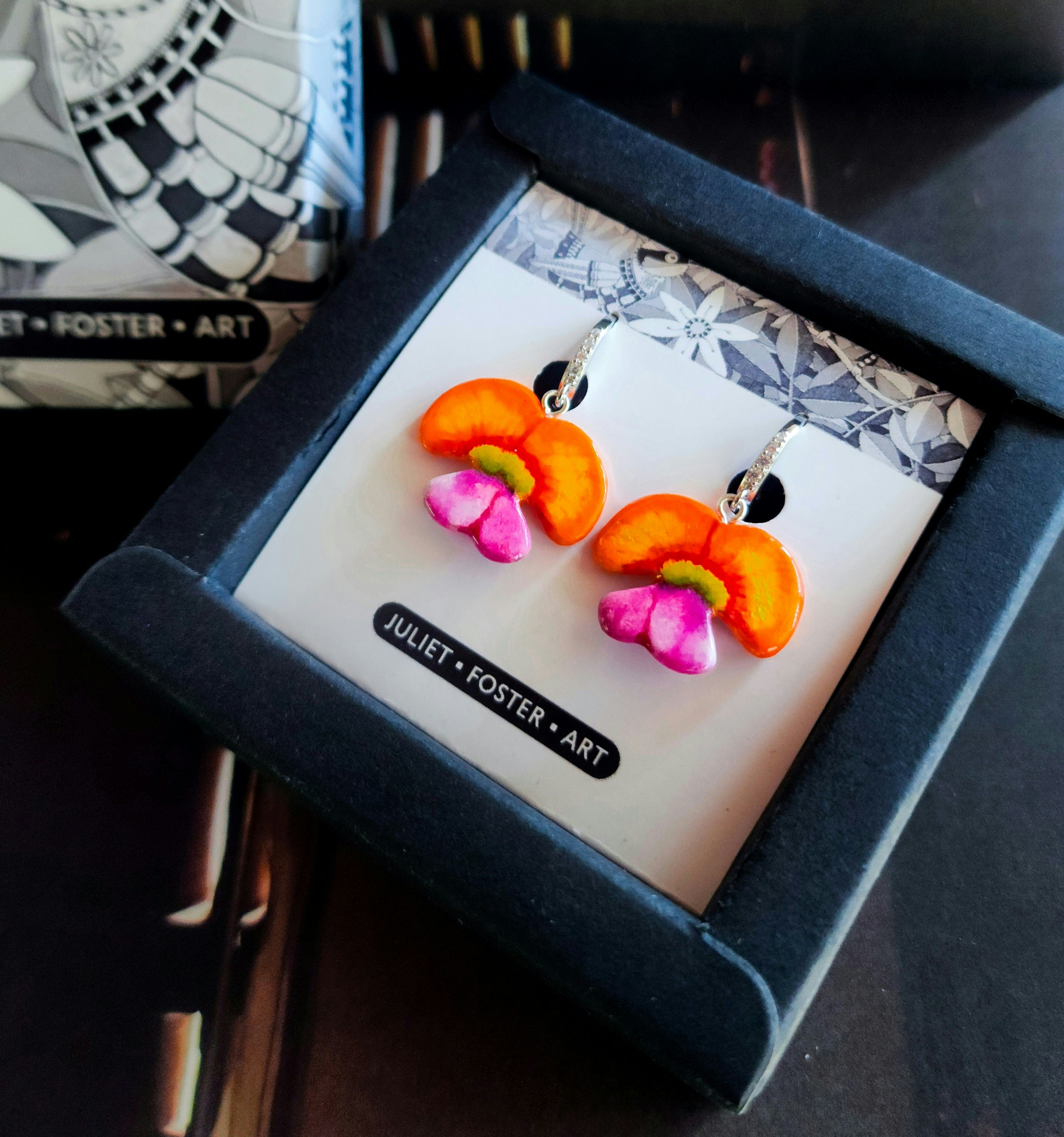 Flower earrings, flame pea, native Australian flora, handpainted, handcarved, silver earrings, french hook