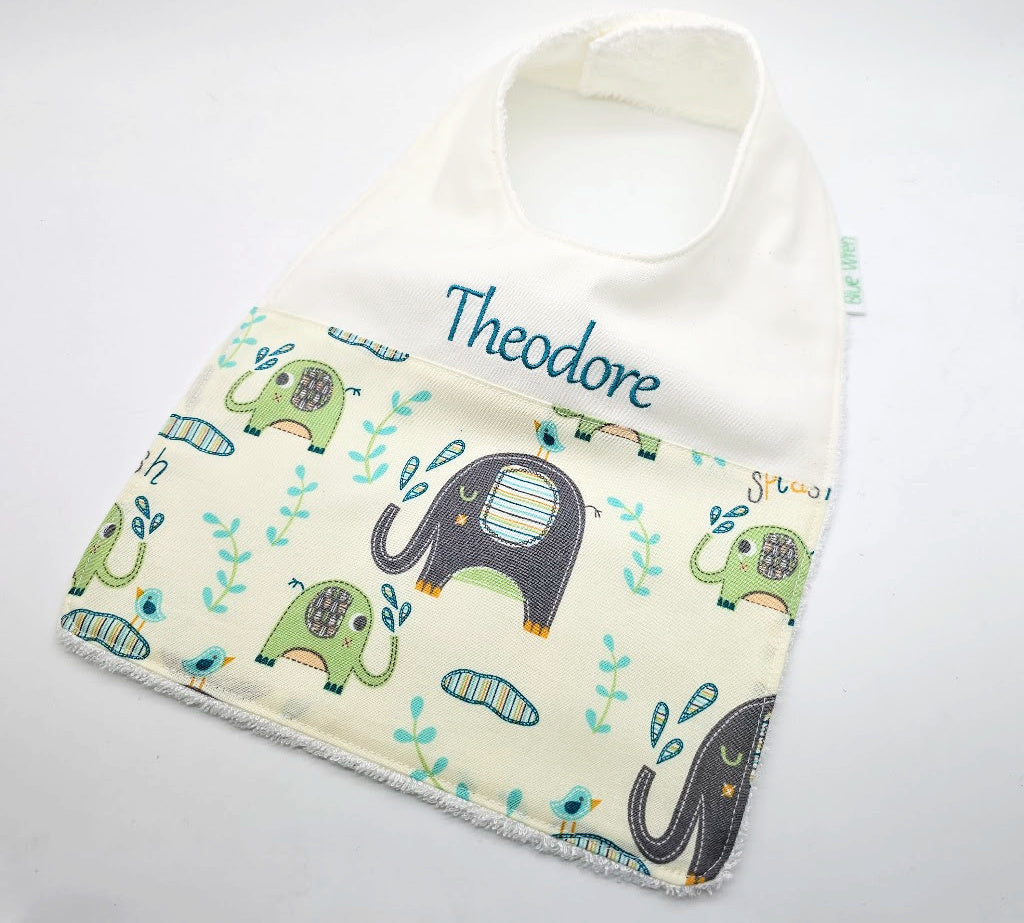 Personalised Baby Bib Elephant Splash Cotton Fabric
