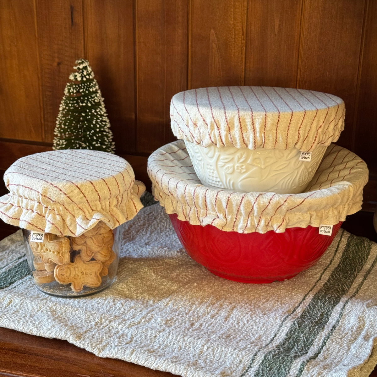 Reusable Christmas Pudding Bowl Covers & Matching Frilled Jar Cover | Reversible Natural Cotton