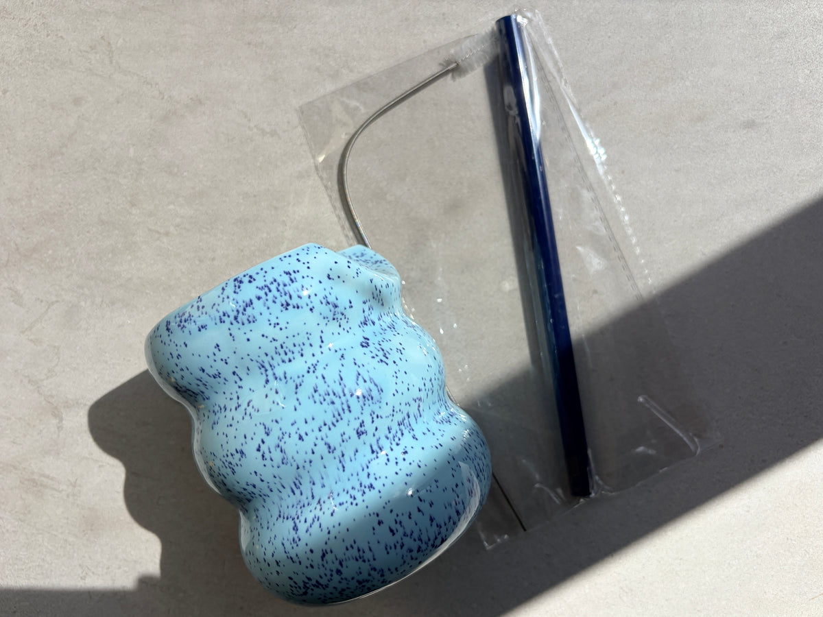 Handcrafted Porcelain Tumbler with Silicon Straw, 600mL Bubble Cup in Blue Mist Glaze