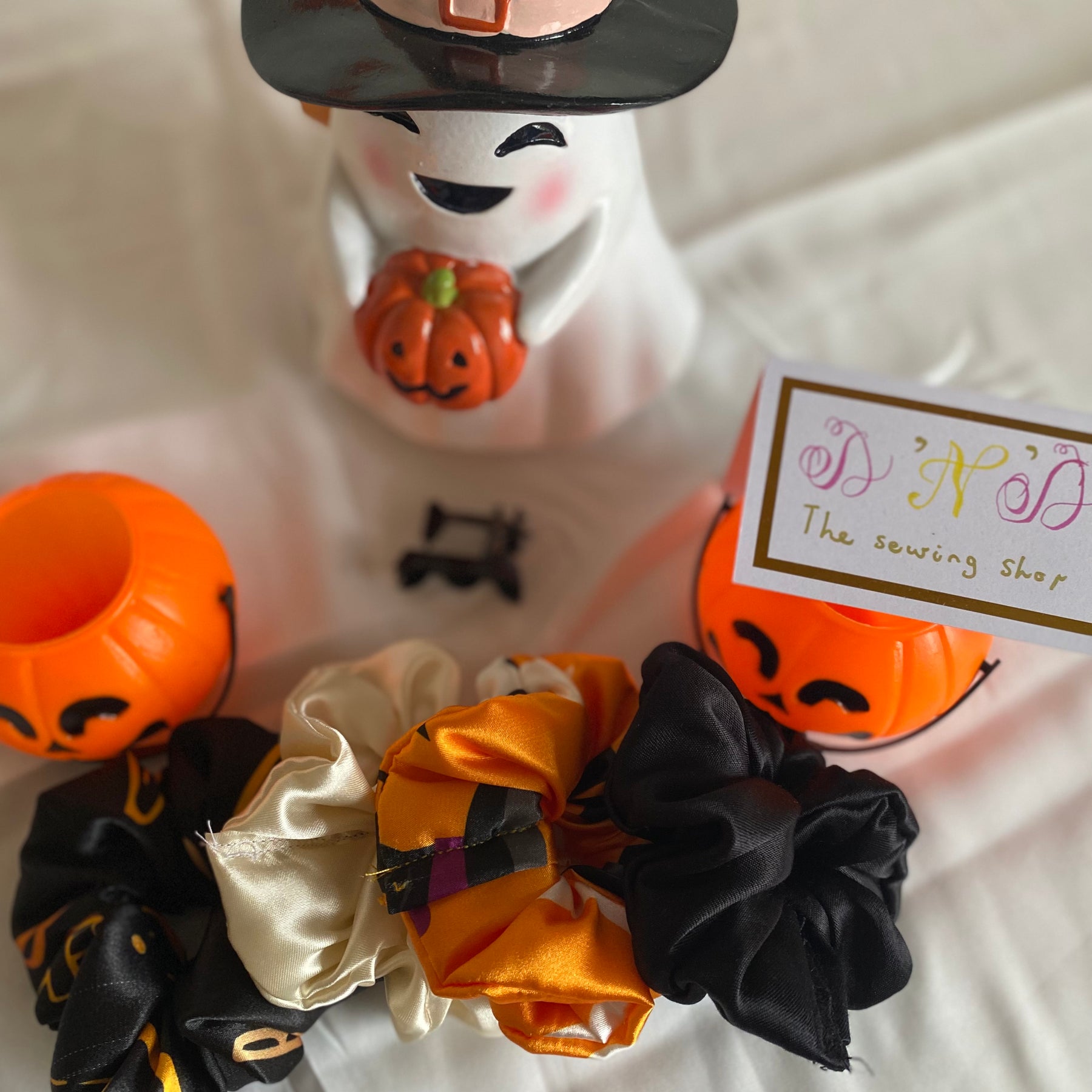 🎃 Handmade Halloween Satin Scrunchies – Set of 4