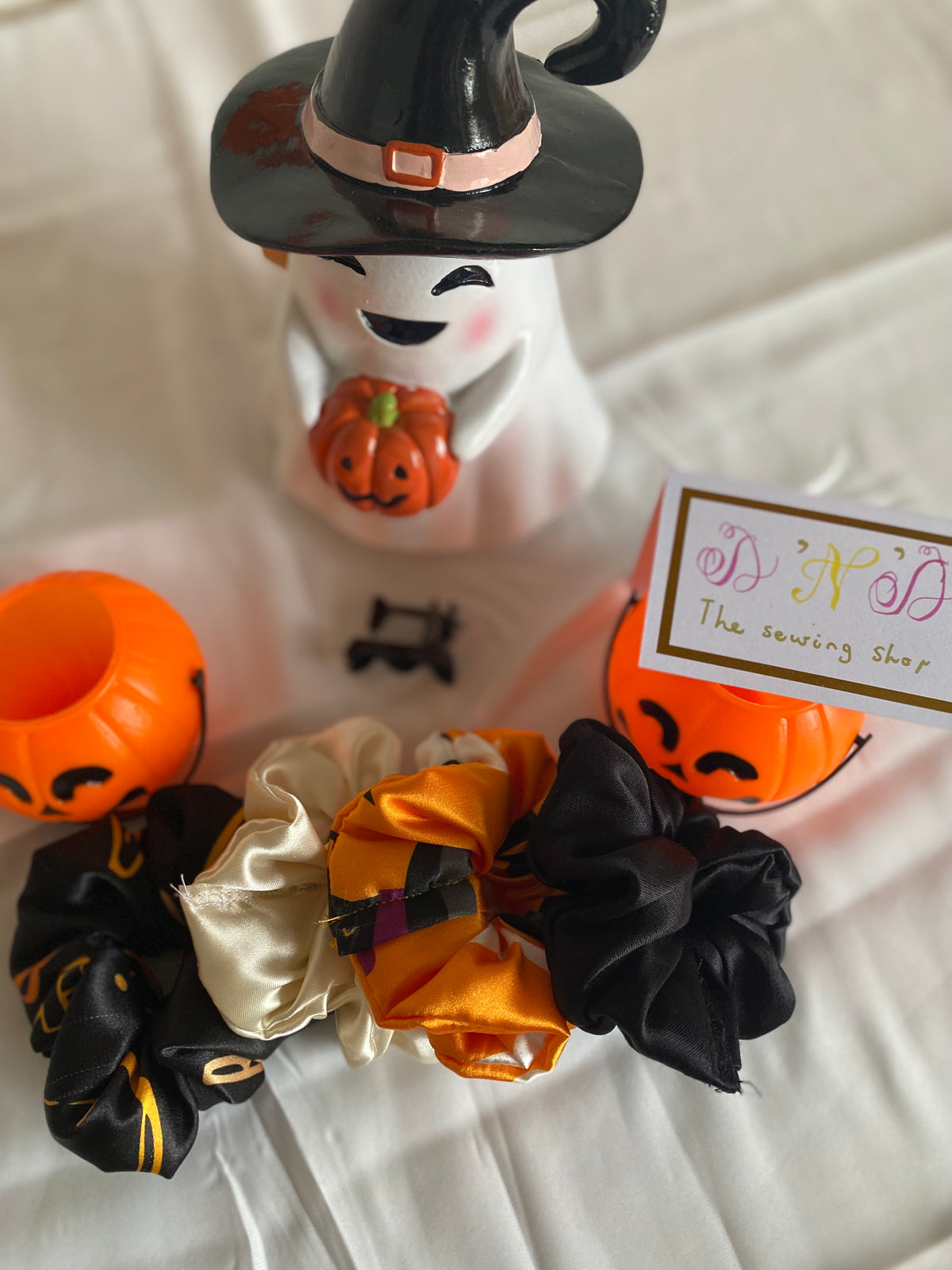 🎃 Handmade Halloween Satin Scrunchies – Set of 4