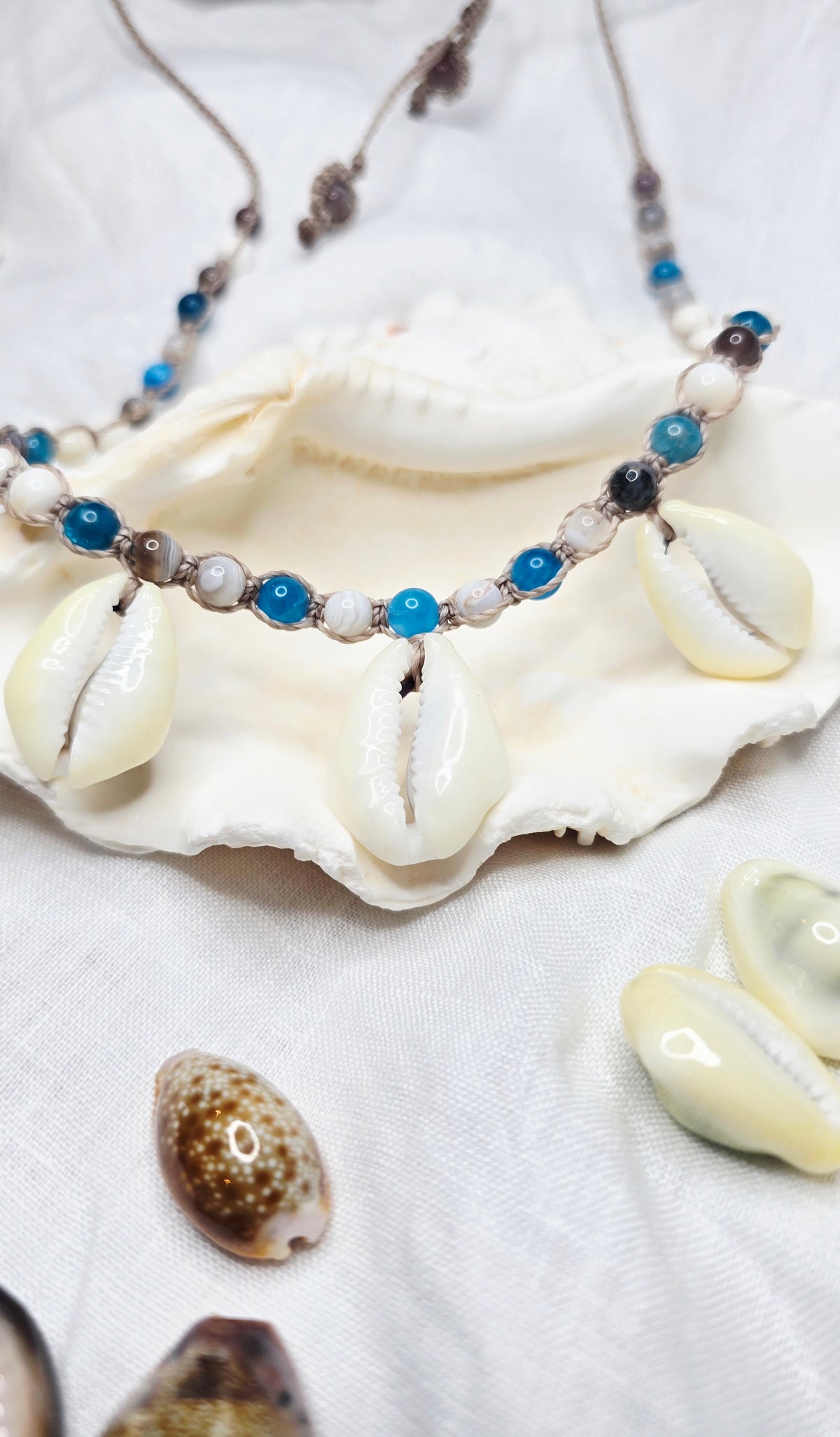 Cowrie Shell Macrame Necklace with Blue Apatite