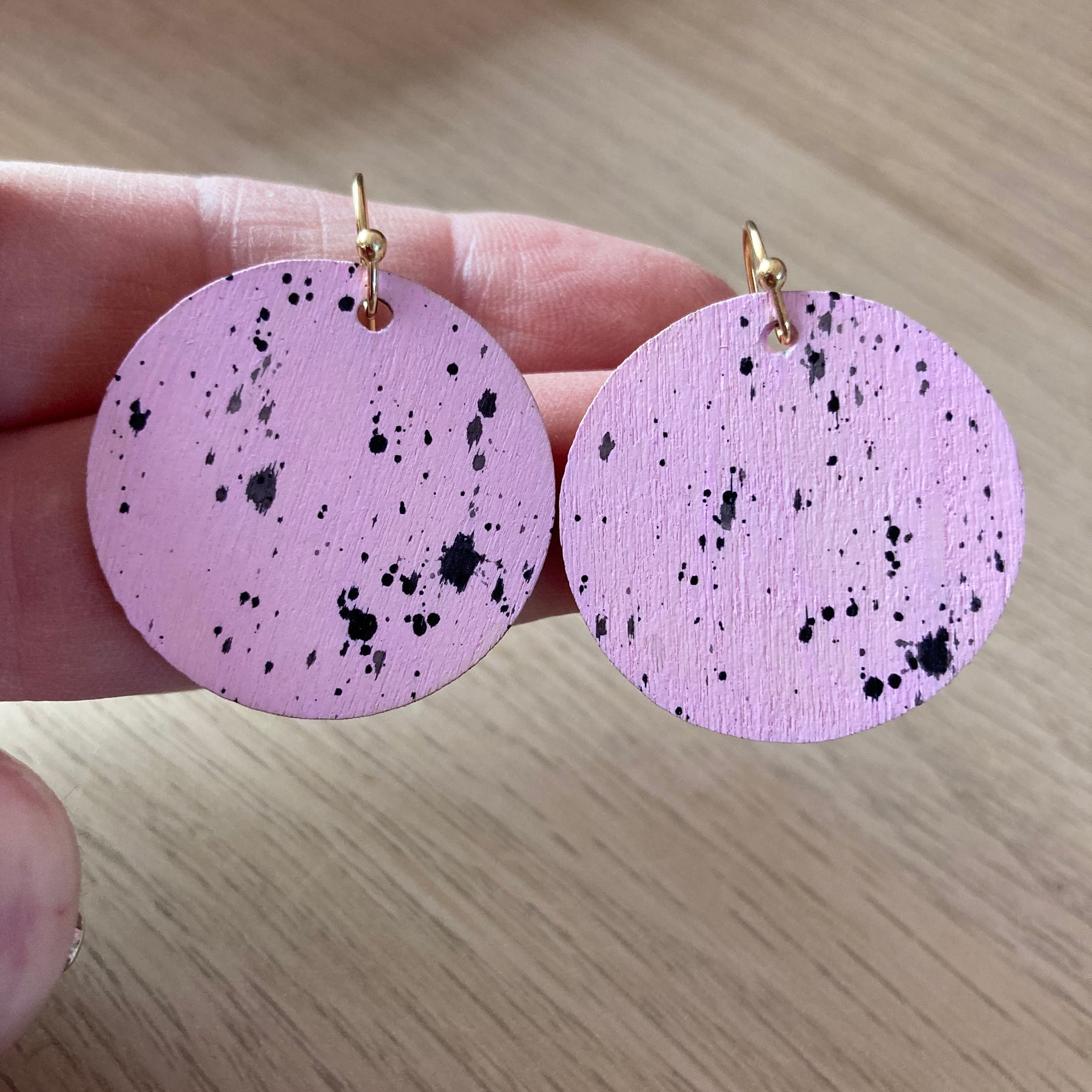 Handpainted pastel pink / black splatter earrings