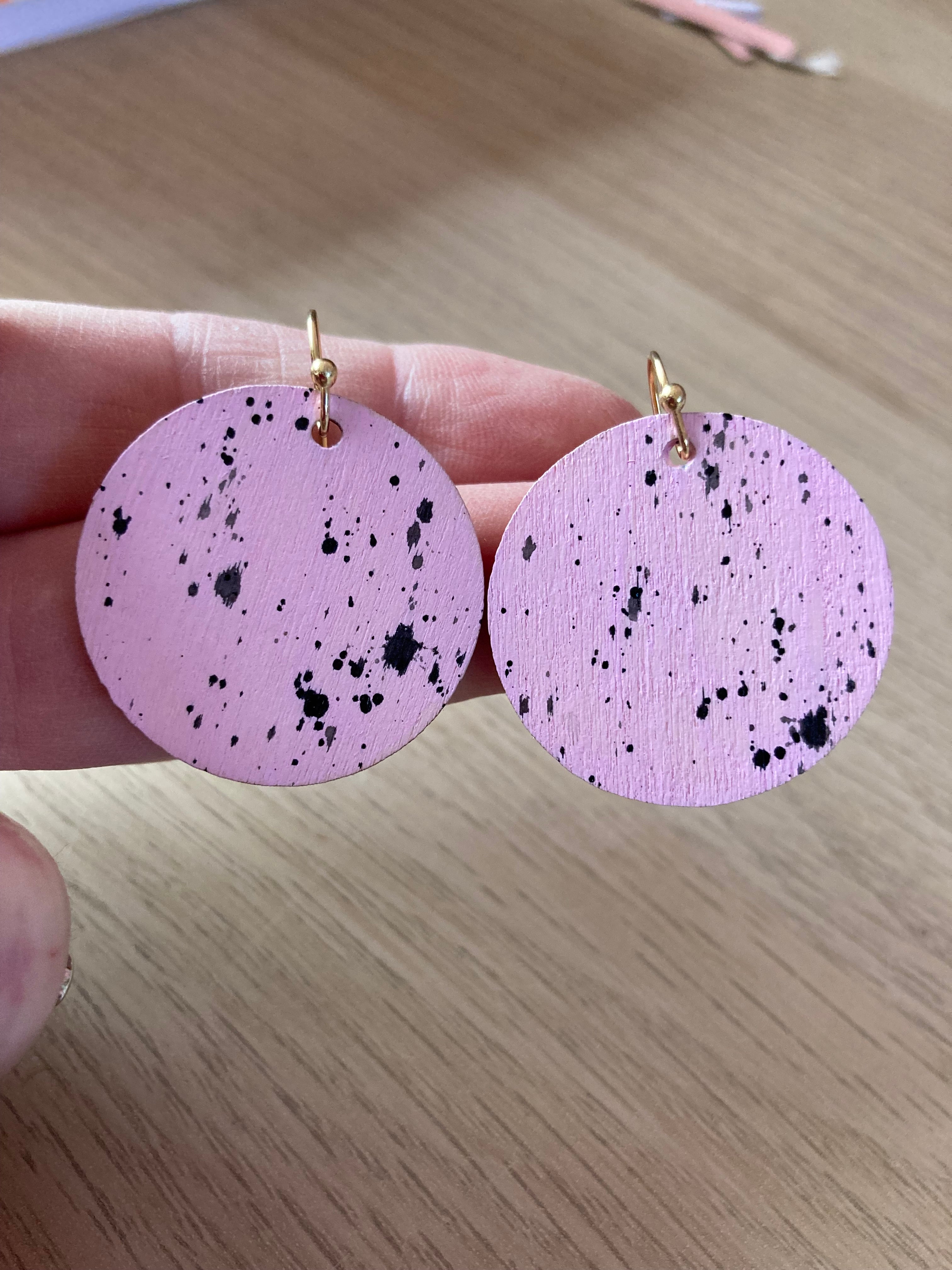 Handpainted pastel pink / black splatter earrings