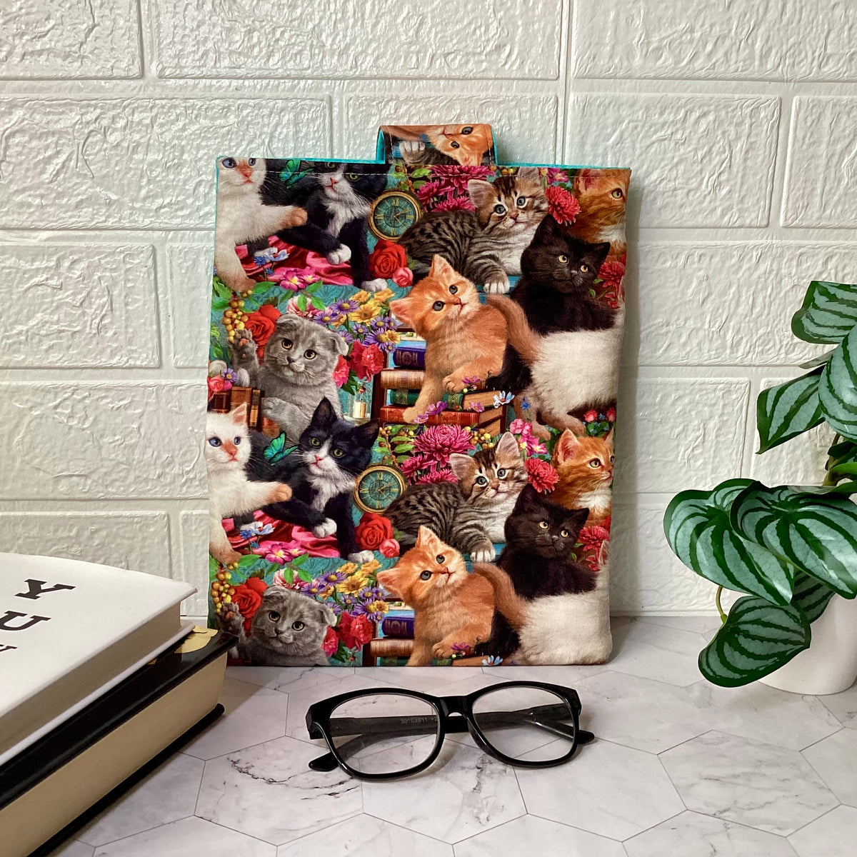 Kittens and Books fabric book sleeve with 2 pockets. iPad, tablet pouch