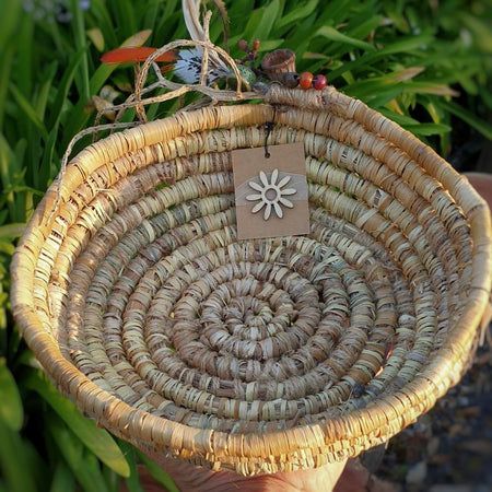 Handmade, natural banana fibre, coil basket.