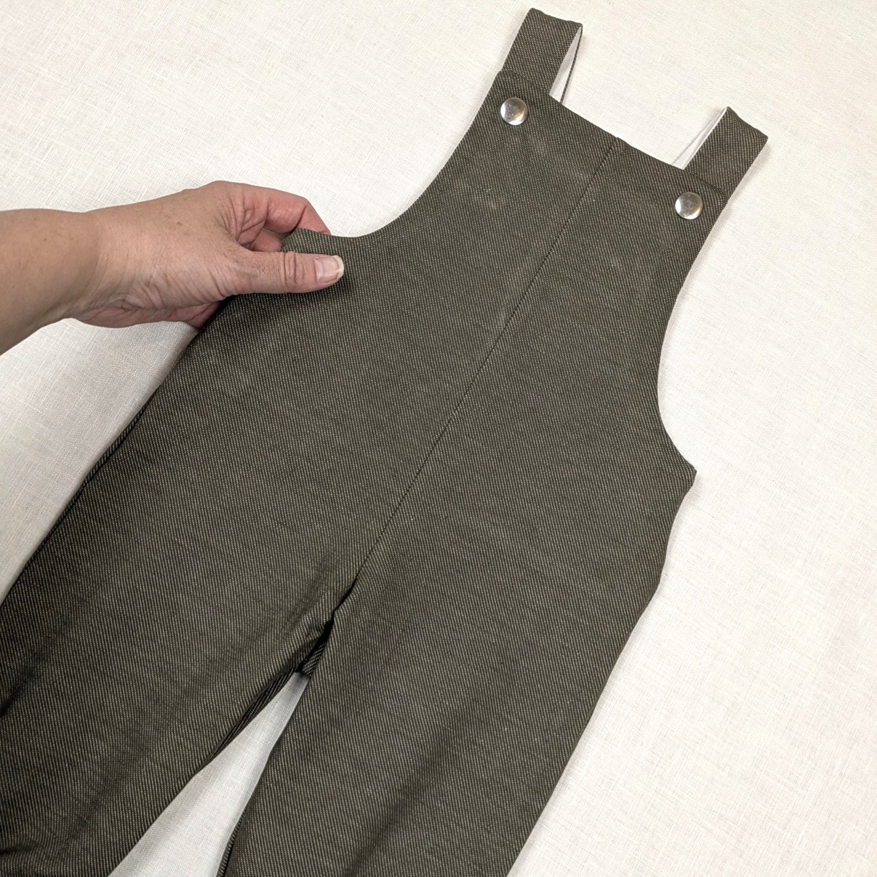 Handmade Long Childrens Overalls | Olive Stretch Denim Collection | sizes 0-3y