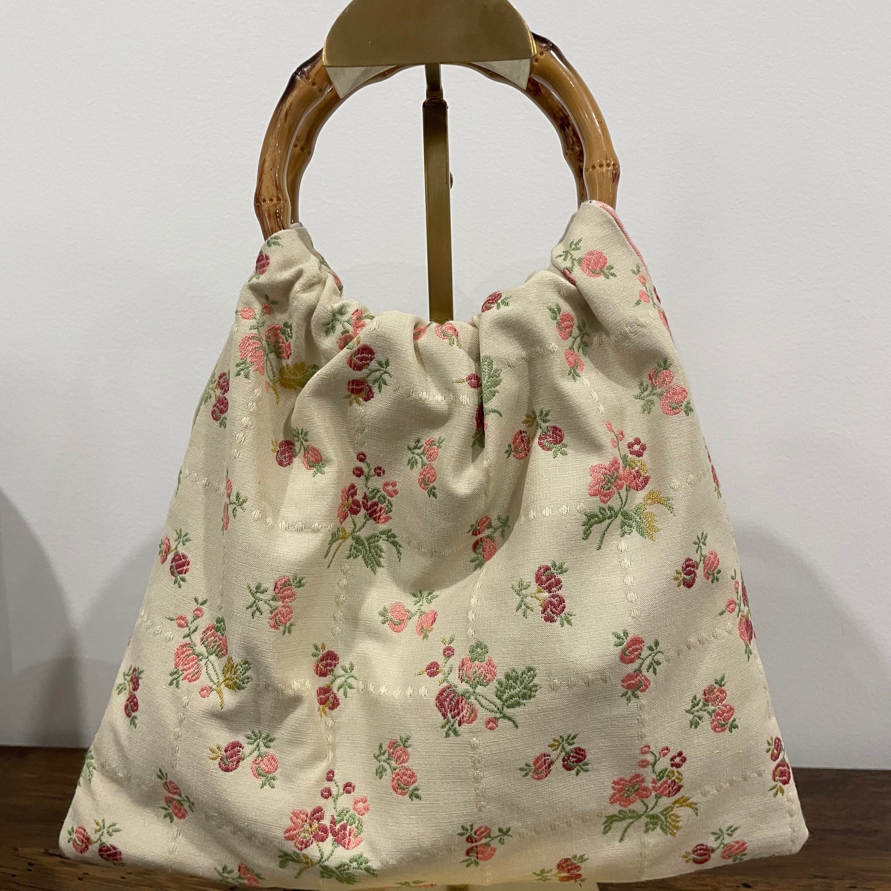 Boho Granny Bag, Embroidered Roses, Bamboo Handles