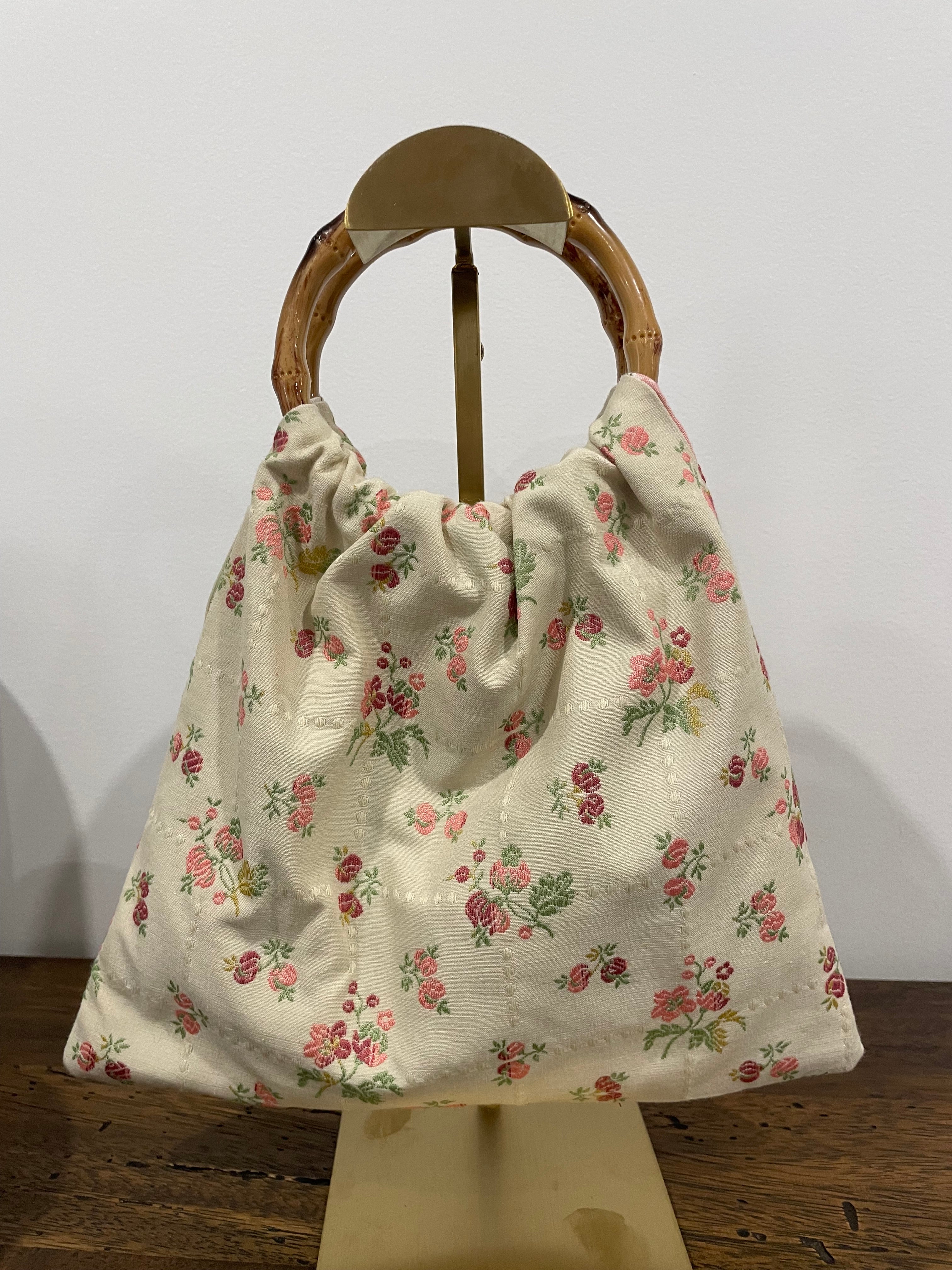 Boho Granny Bag, Embroidered Roses, Bamboo Handles