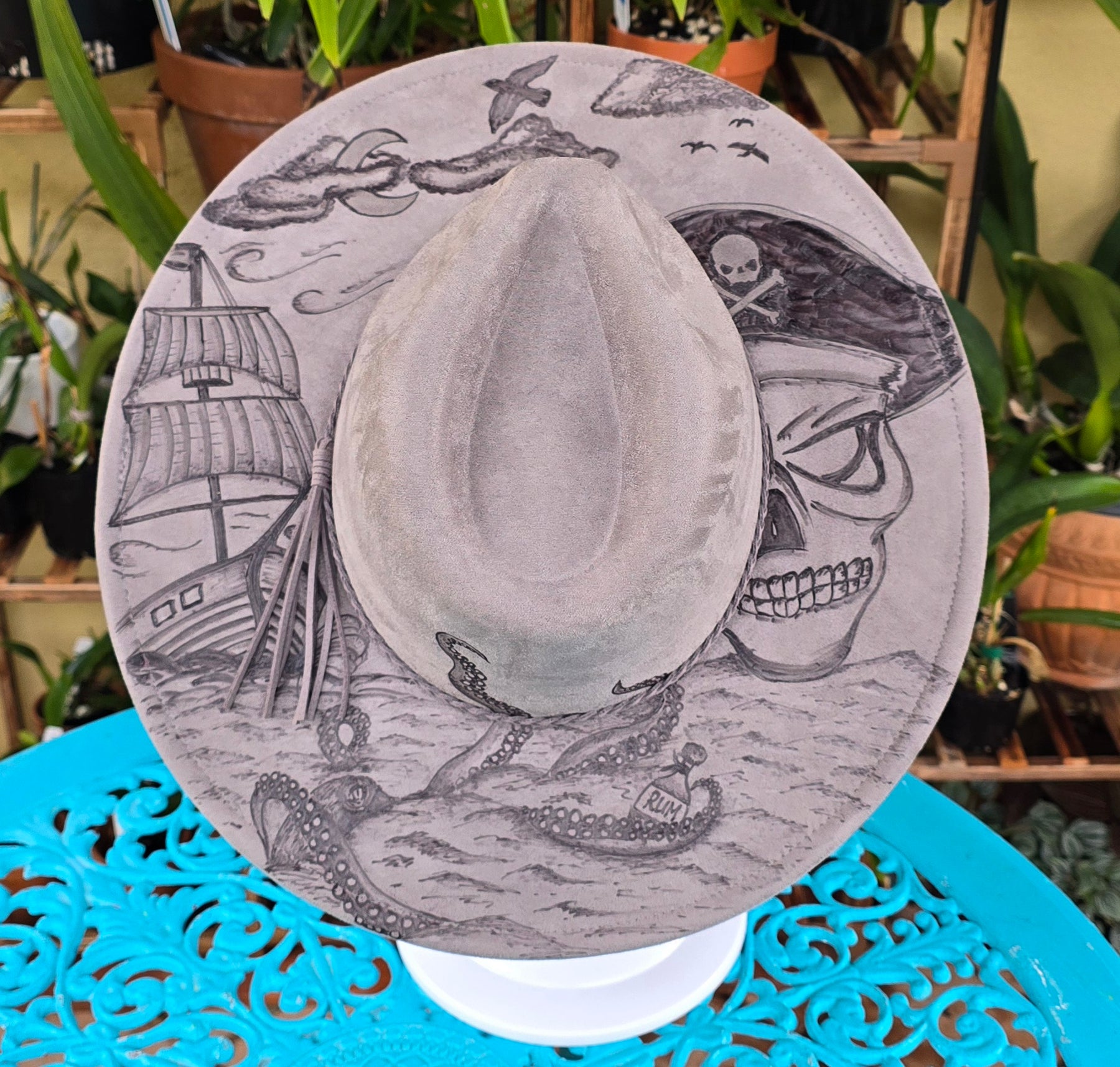 Hand burnt Fedora : Pirate & Kraken