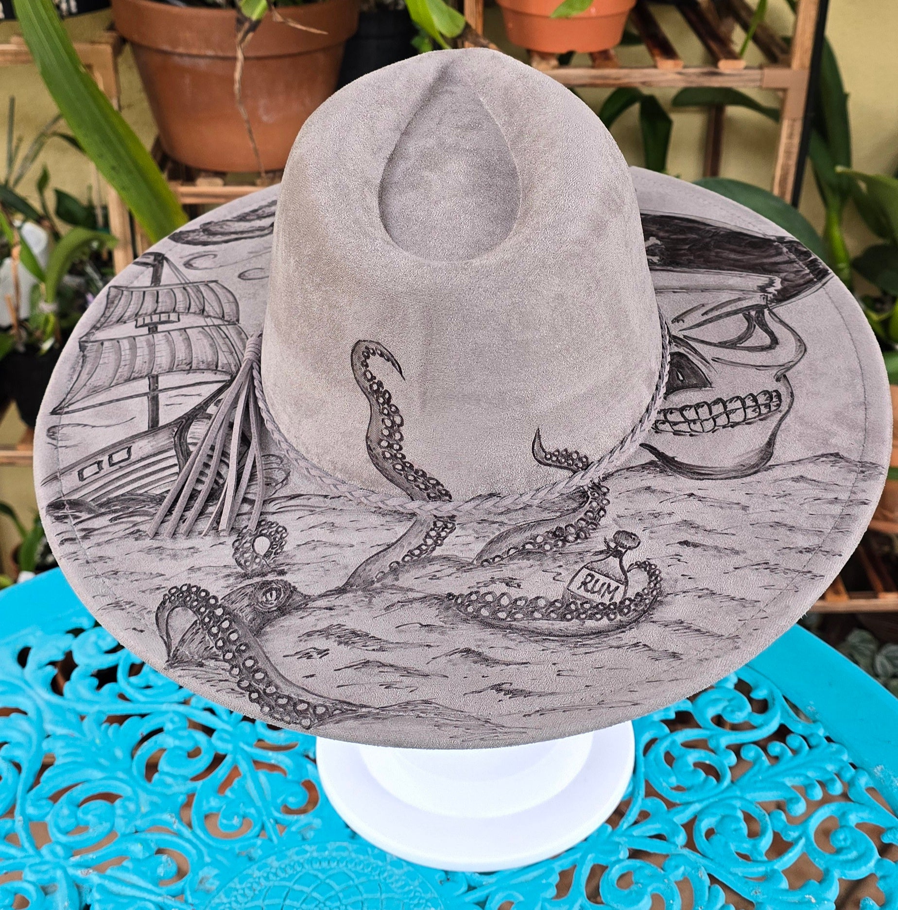 Hand burnt Fedora : Pirate & Kraken