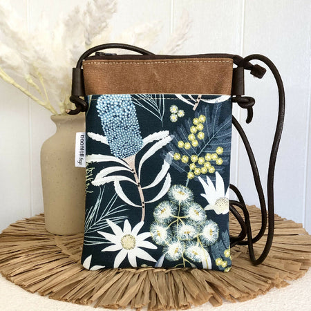 Cross Body Phone Sling Bag in Tan Canvas with Moonlight Flora