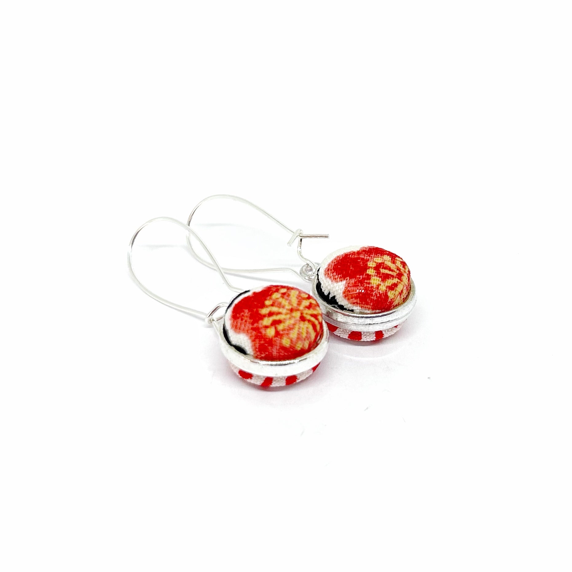 Double Sided Fabric Button Earrings - Red