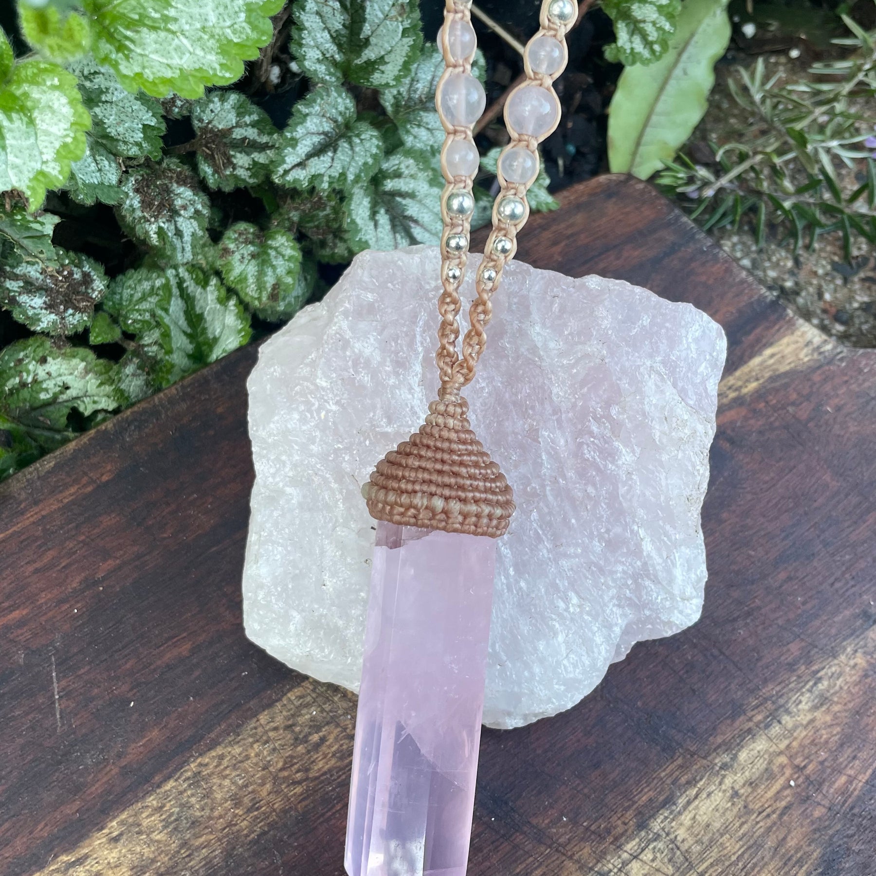 Rose quartz Pendant, double pointed crystal, Macrame necklace,