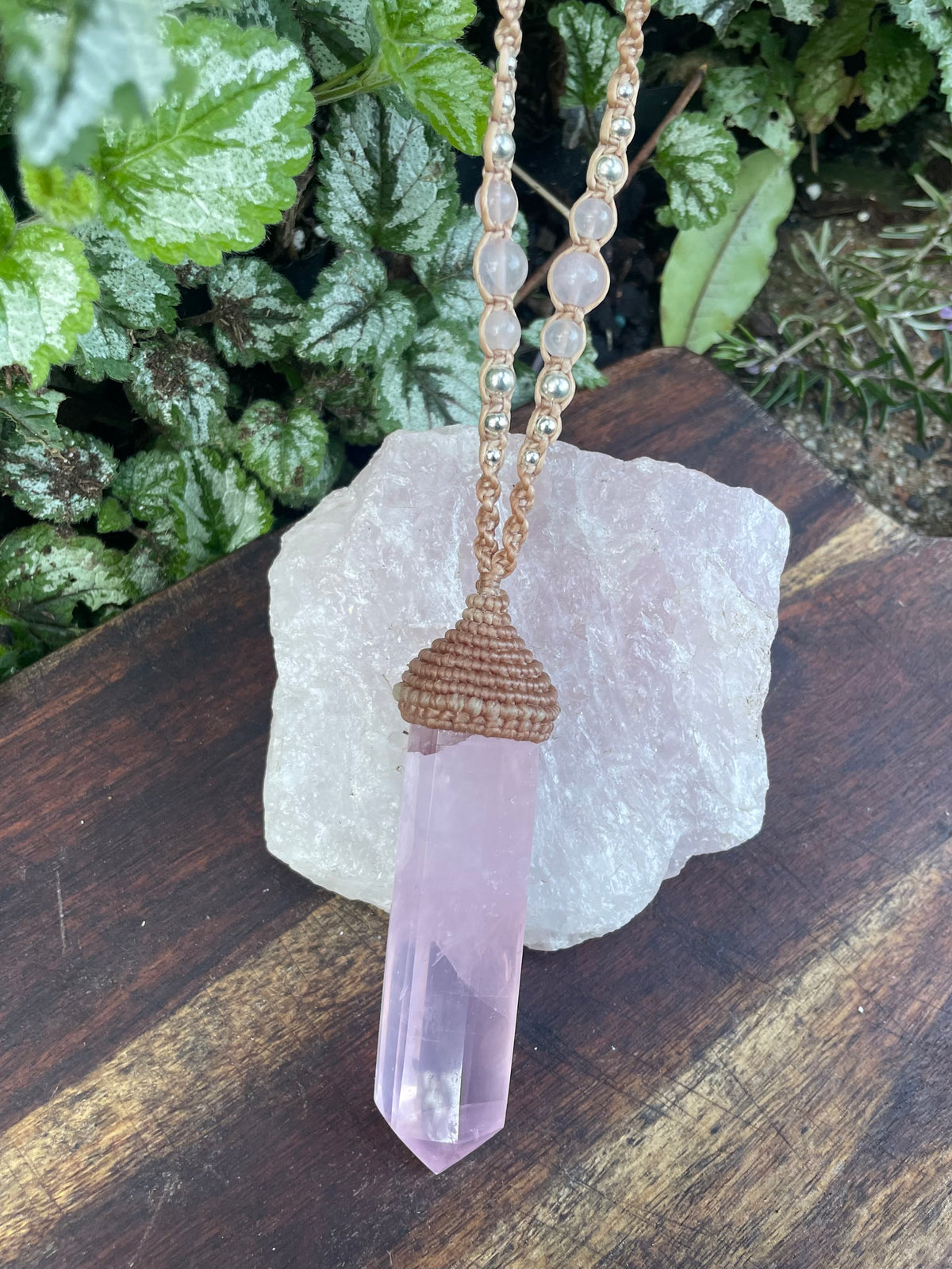 Rose quartz Pendant, double pointed crystal, Macrame necklace,