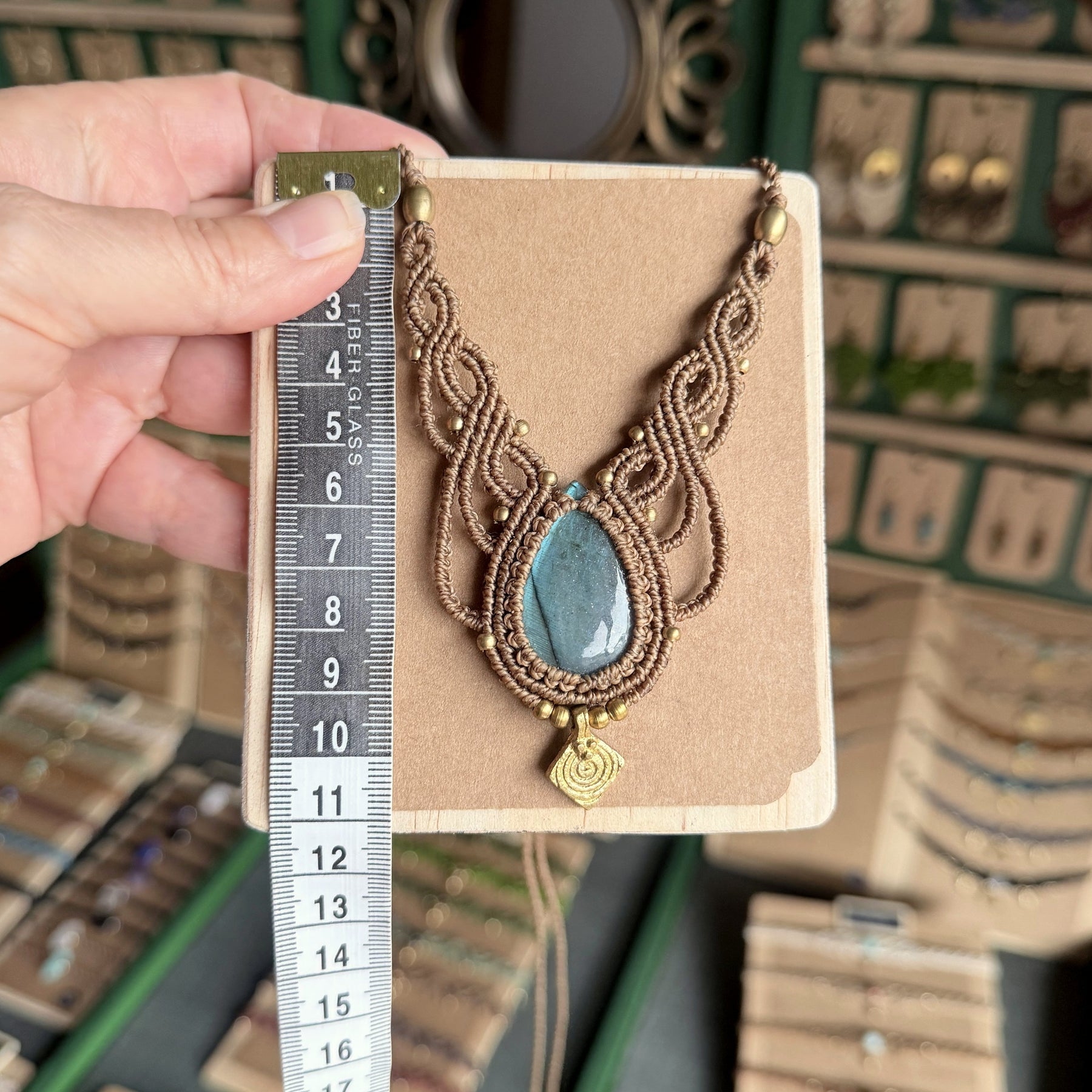 Macrame Labradorite Necklace with solid brass charm