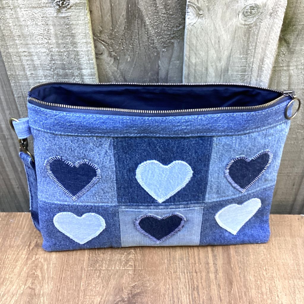 Large Upcycled Denim Pouch – 6 Denim Hearts