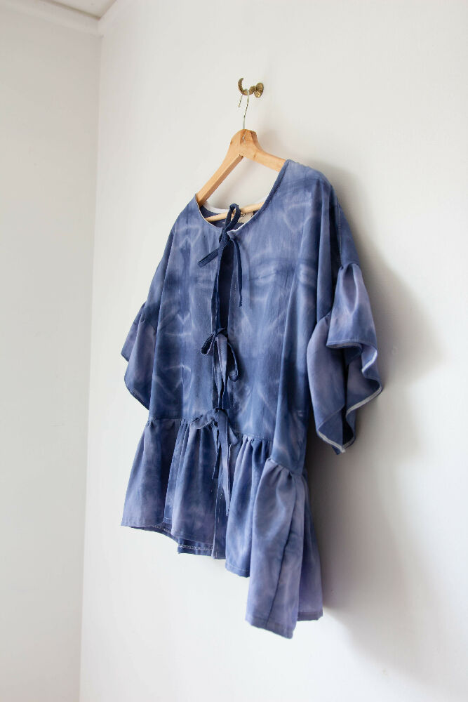 Shibori indigo front-tie shirt