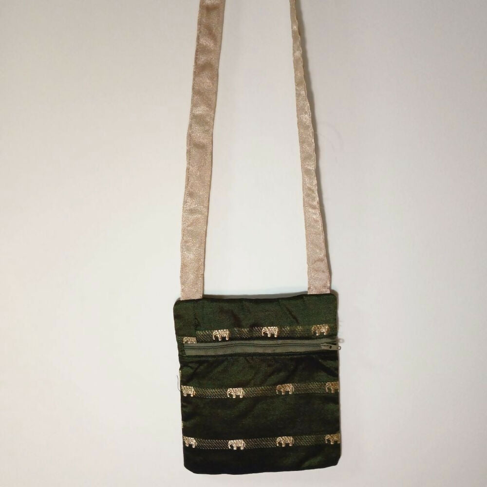 Thai silk green cross body hanging view edited Rennie