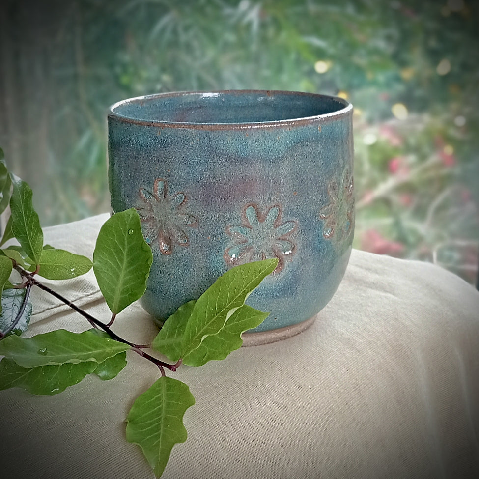Blue Ceramic Tumbler with Flower Motif